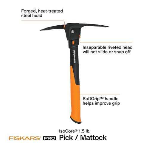 Fiskars IsoCore Pickaxe Mattock with Shock-Absorbing Handle, Dual-Head Tool for Roots & Rocks, 1.5 lb