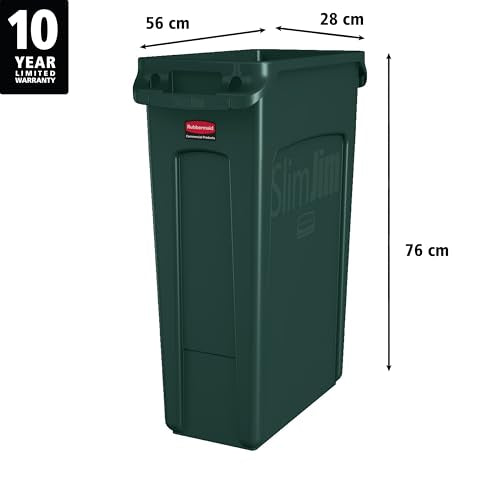 Rubbermaid Commercial Products Slim Jim Plastic Rectangular Recycling/Compost Bin with Venting Channels 23 Gallon Green Recycling (FG354007GRN)