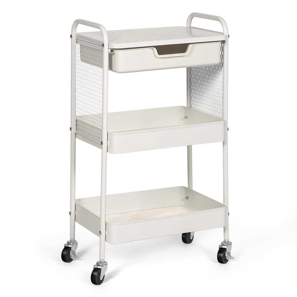 CRUDATE 3-Tier Rolling Cart with Drawer, Metal Utility Storage Cart Organizer with Lockable Wheels&Hanging Cups&Hooks, Mobile Storage Craft Carts Trolley with Mesh Shelves for Kitchen, Office-White