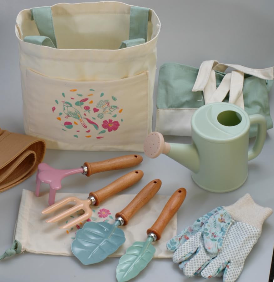 9PCS Gardening Set Toys for Kids, Quality Garden Tool Kit Includes Tote Bag, Gloves, Shovel, Rake, Cultivator, Watering Can, Learning Outdoor Gifts for Suitable for Cultivating Interest