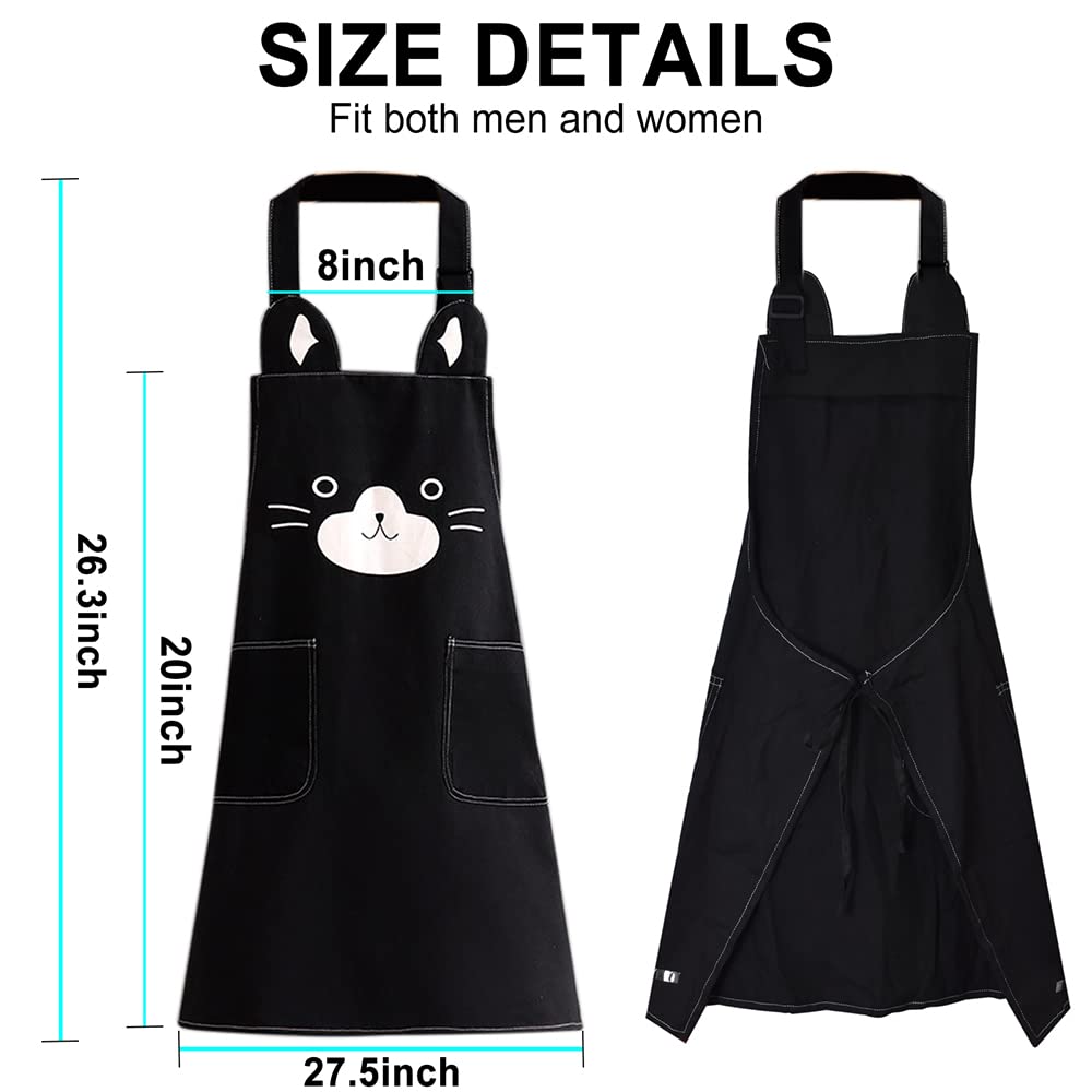 KIMCHOMERSE Apron with Cute Cat Pattern for Women Girls, Kitchen Apron with Front Pockets for Cooking Grilling Baking Serving Painting Gardening, Funny Gifts for Mom and Friends -Black