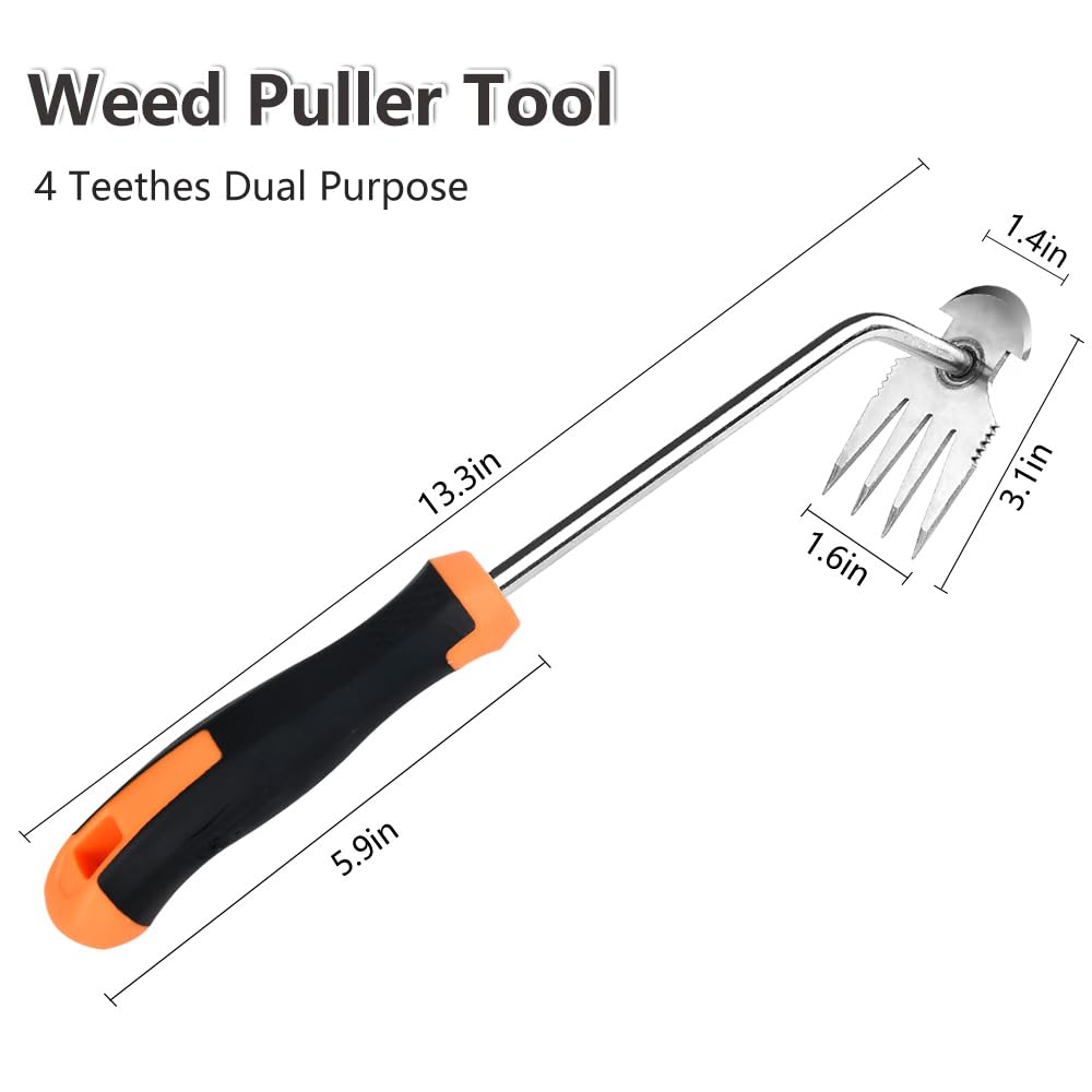 GANCHUN Weed Puller Tool,2024 New Garden Weeder Tool Stainless Steel Hand Weeder Tool,4 Teethes Dual Purpose Weed Remover Tool Weeding Tools for Gardening (Rubber Handle)