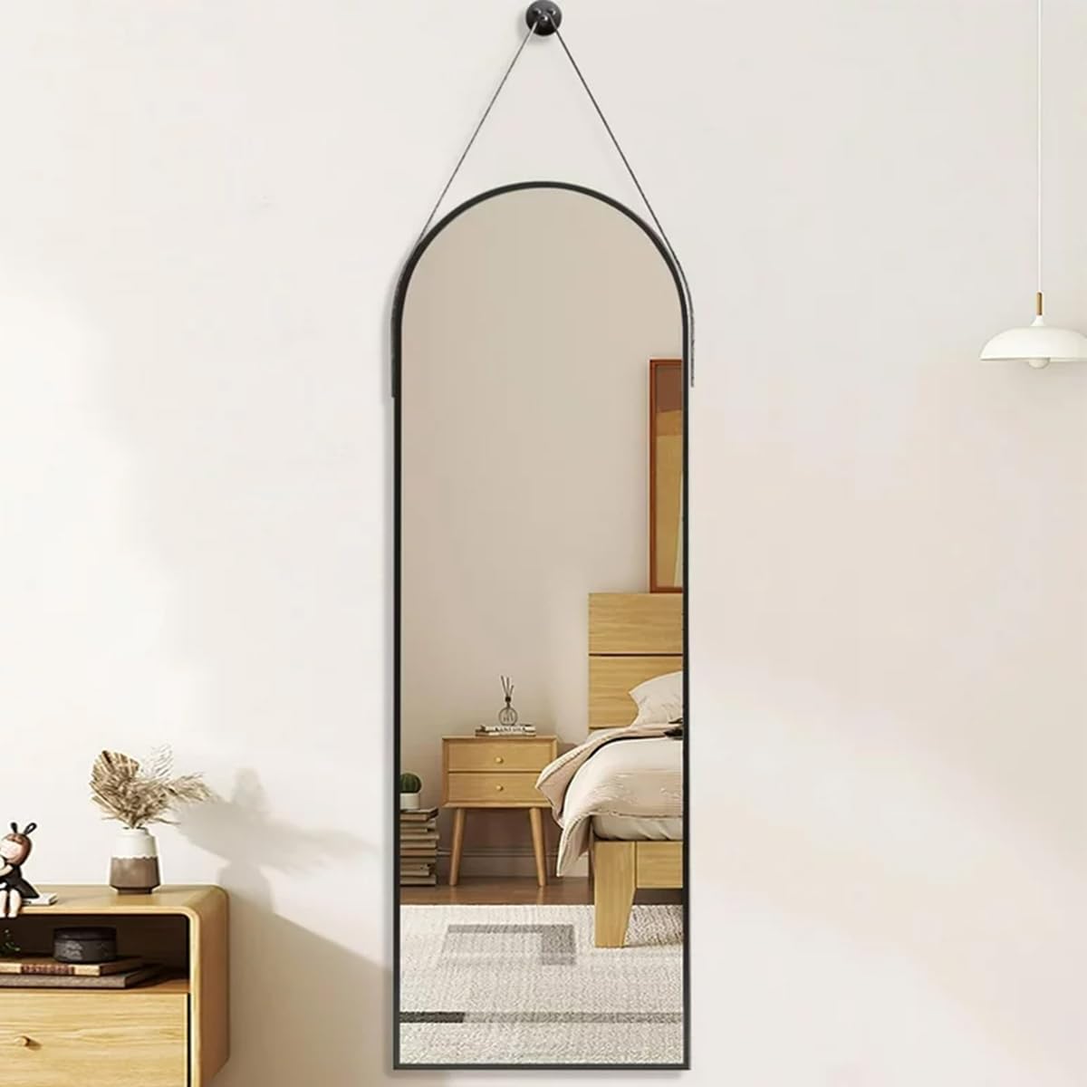 Dewfig 16"x48" Hanging Mirror with Leather Strap,Arched Full Length Mirror with Aluminum Frame Wall-Mounted Hanging Mirrors for Bathroom Vanity Living Room Bedroom Entryway Décor, Black