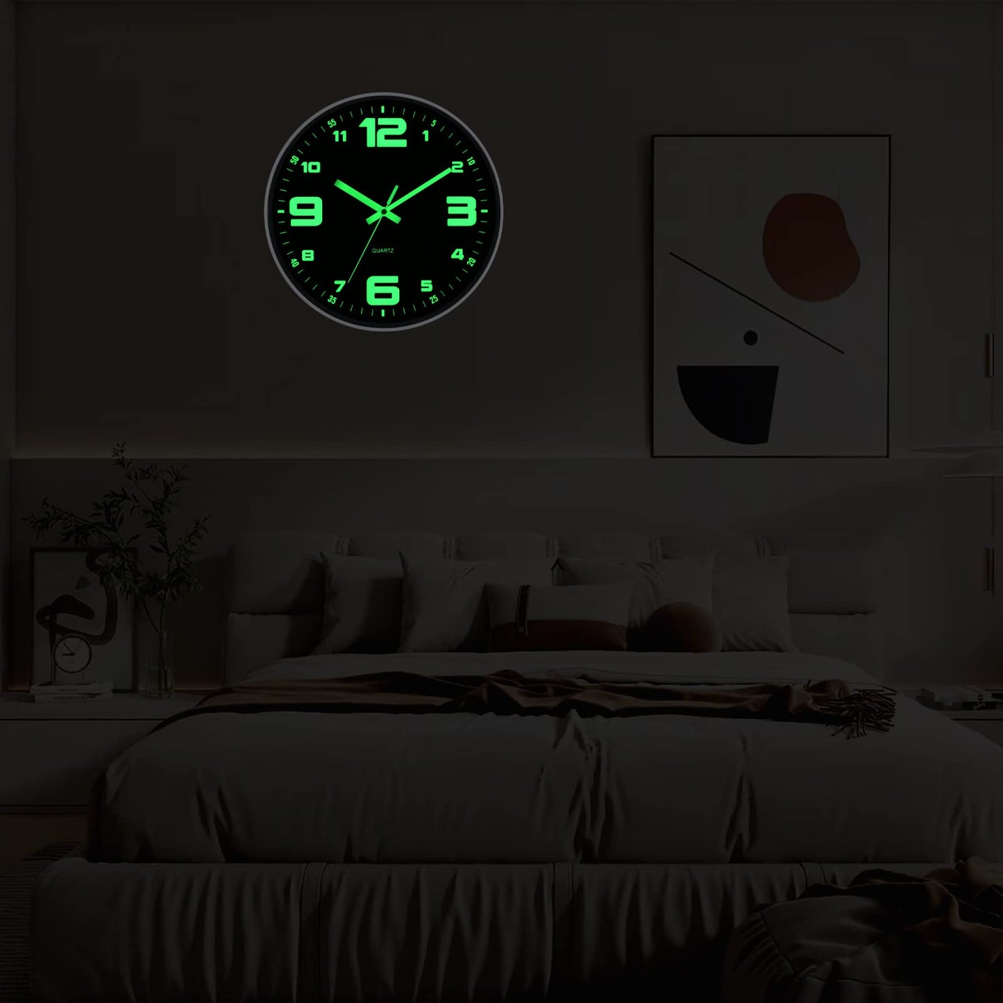 Warminn Wall Clock 12 inch Battery Operated Silent Non-Ticking Glow in The Dark Clocks Analog Small Digital Night Light Up Neon Outdoor Clocks for Living Room Bedroom Kitchen Bathroom Home Decor
