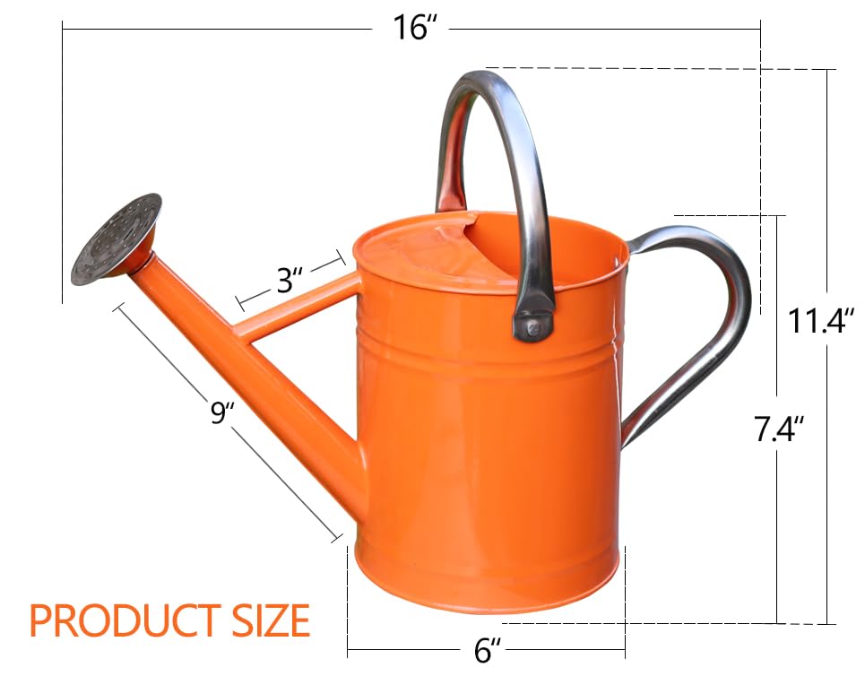 yourjoy Metal Watering Can, One Gallon Watering Cans Stainless Steel for Outdoor Indoor Garden Plants Watering (Stainless Steel Handle Orange)