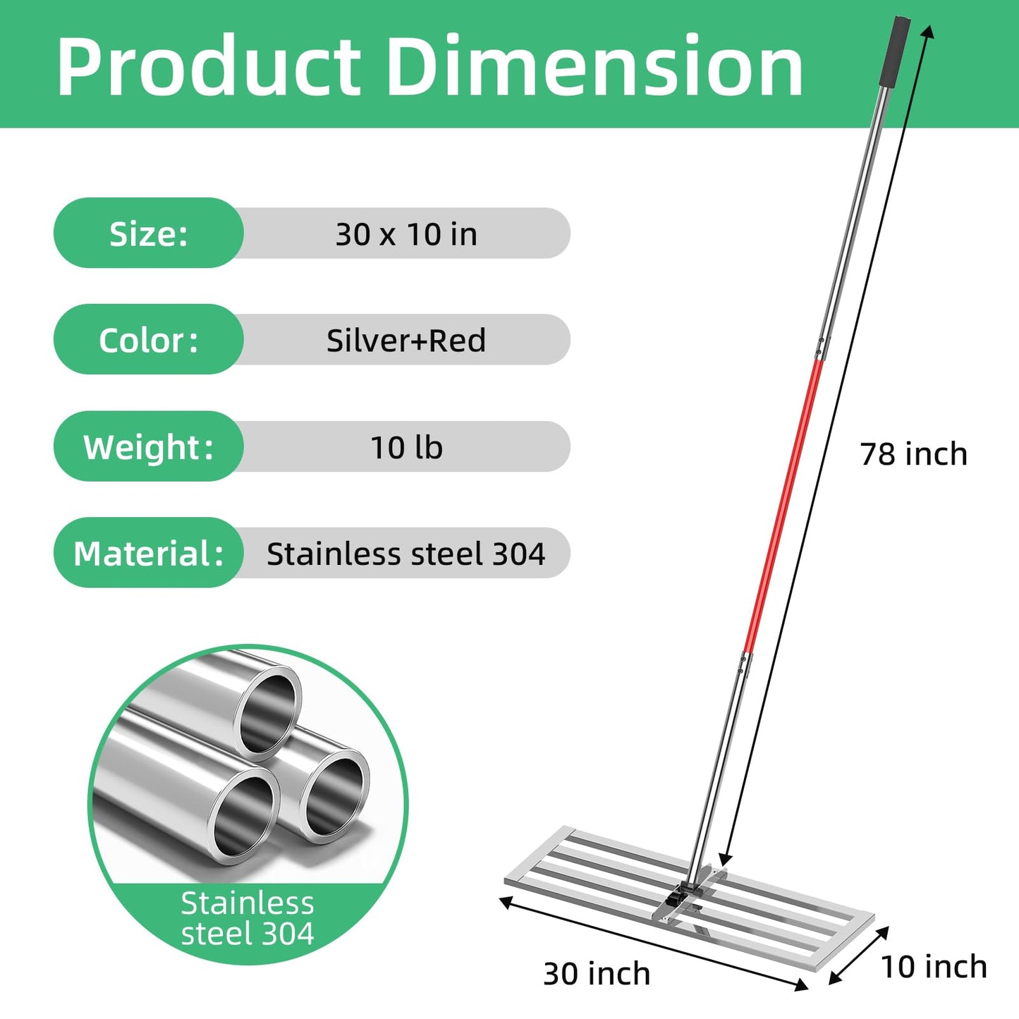 Lawn Leveling Rake 30"x10", Heavy-Duty Stainless Steel Yard Leveling Rake, Professional Soil Leveling Tool for Pastures, Golf Lawns, Gardens, Yards (Silver)