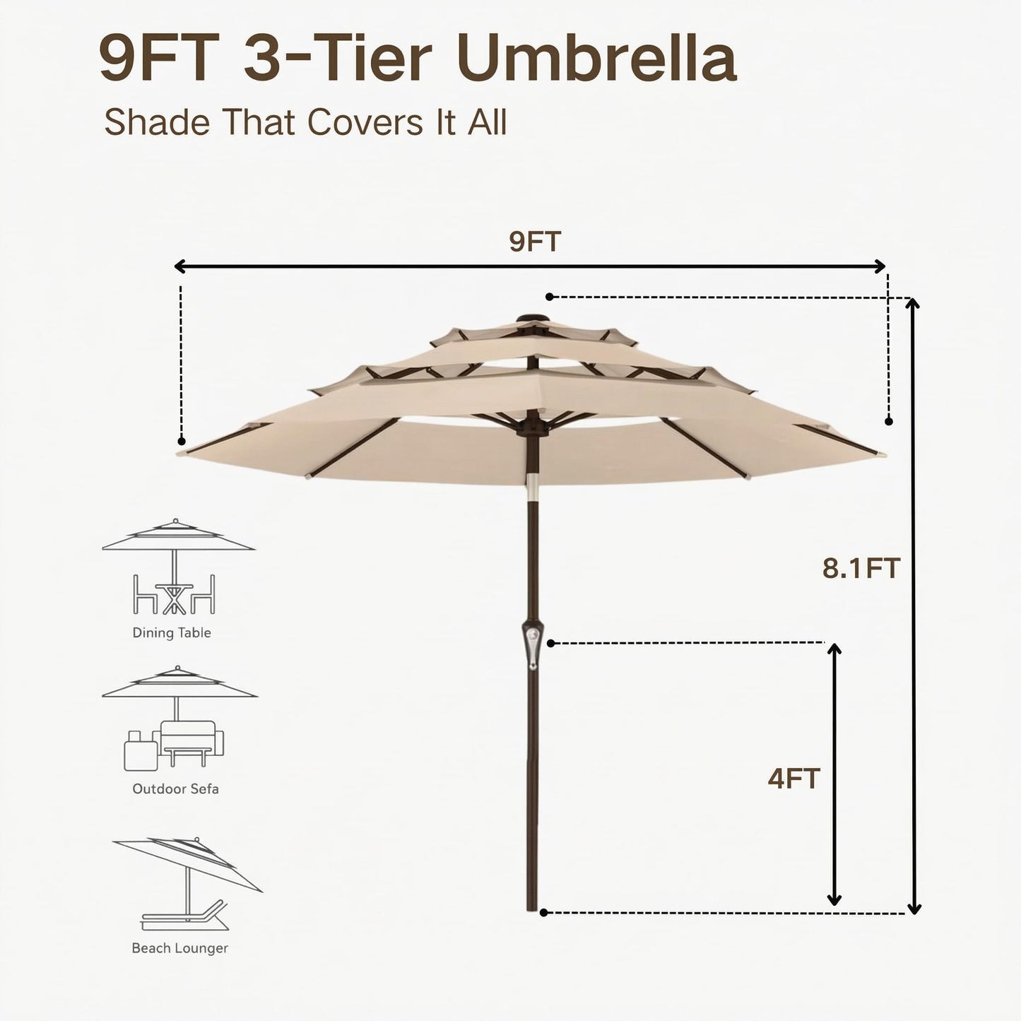 Kingdura 9ft 3-Tier Patio Umbrella, Outdoor Table Umbrella with Easy Crank & Tilt, 8 Reinforced Ribs, UV Protection for Deck, Pool, Market, Backyard (Beige)
