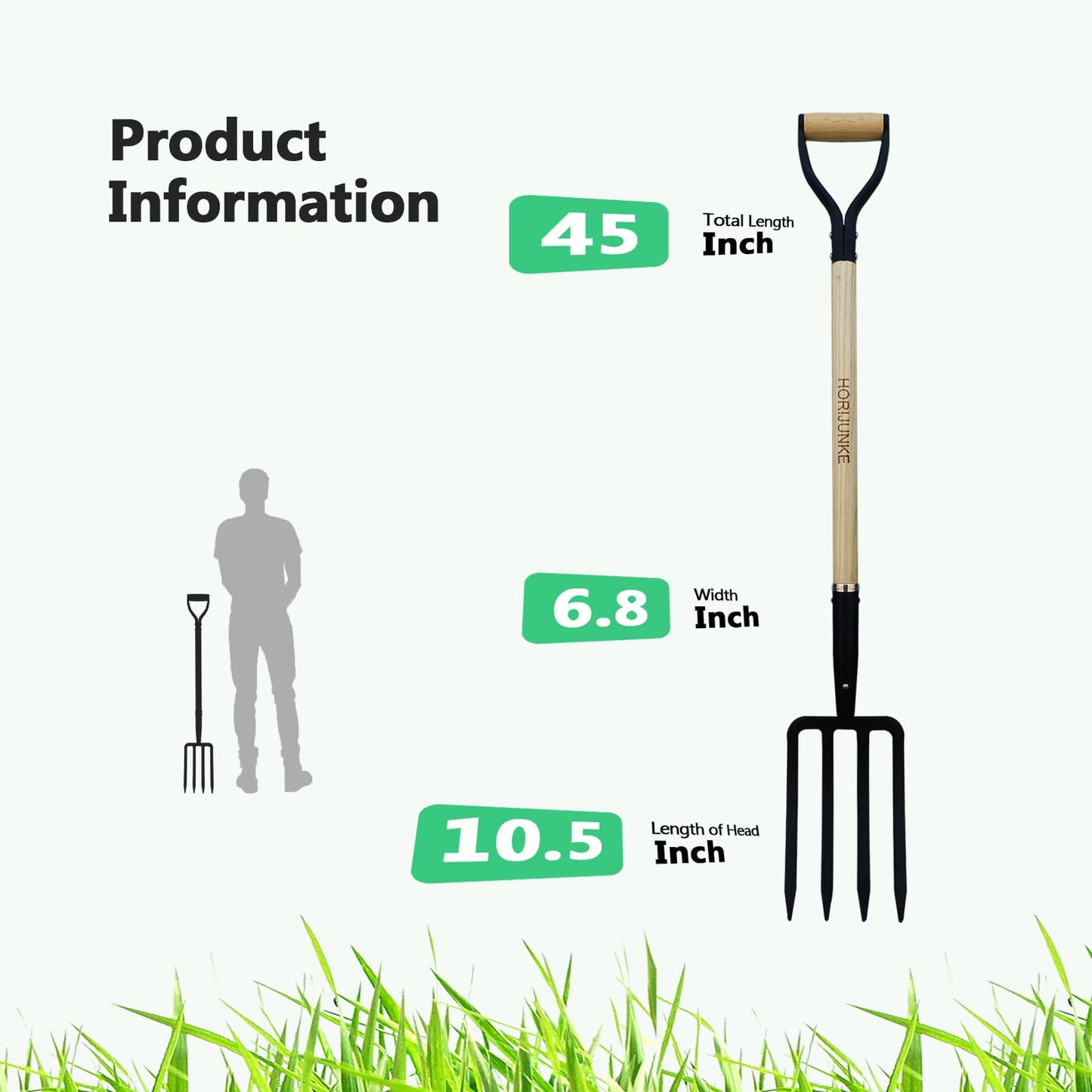 HORIJUNKE Garden Fork,4-Tine Pitchfork,Spading Digging Fork,Forged Steel Y-Grip, Wood Handle,45Inch