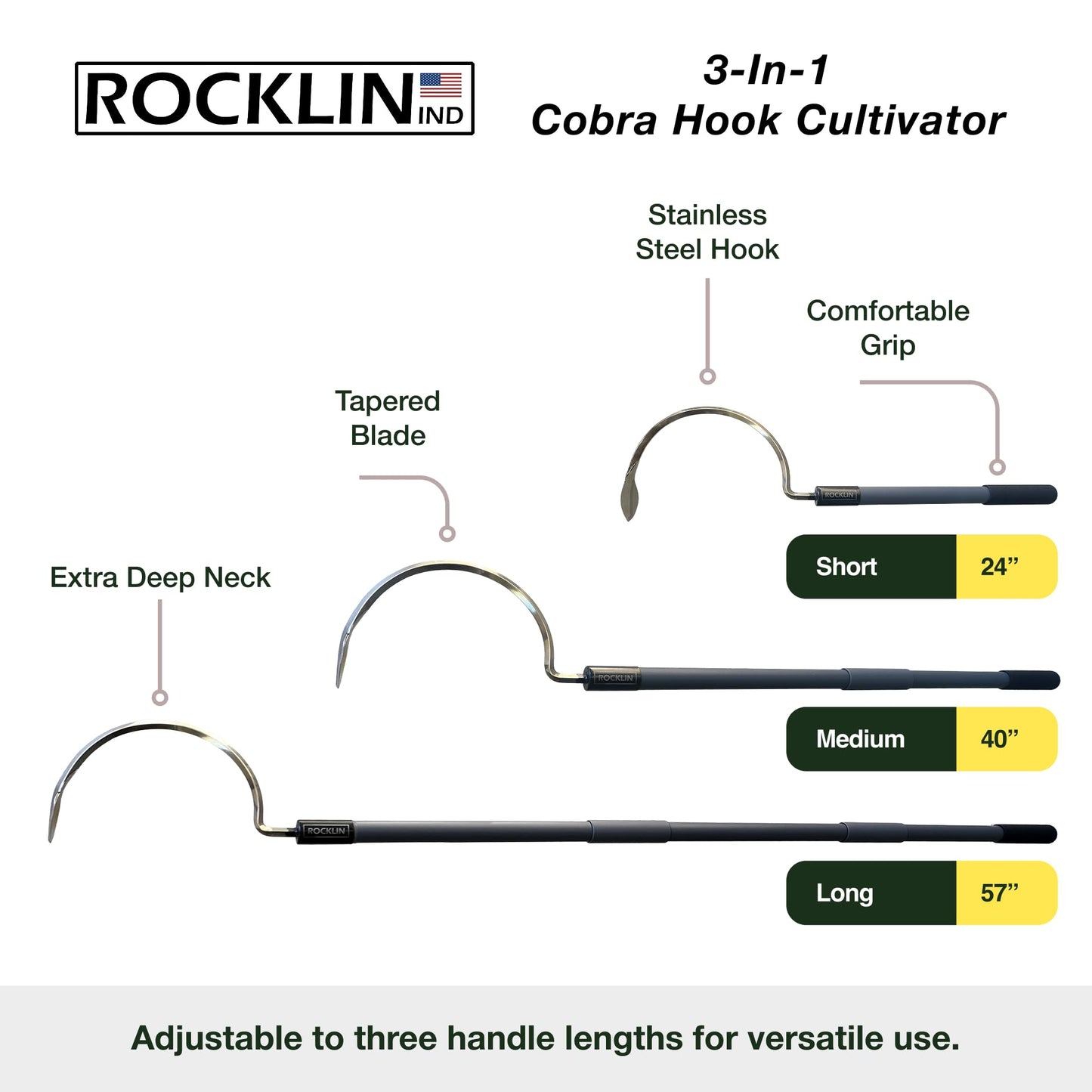 Rocklin Industry Cobra Hook 3-in-1 (24"/40"/57") Cultivator, Heavy-Duty Garden Hand Tool for Weeding, Digging & Soil Loosening – Three Lengths, Stainless Steel Blade, Ergonomic Grip