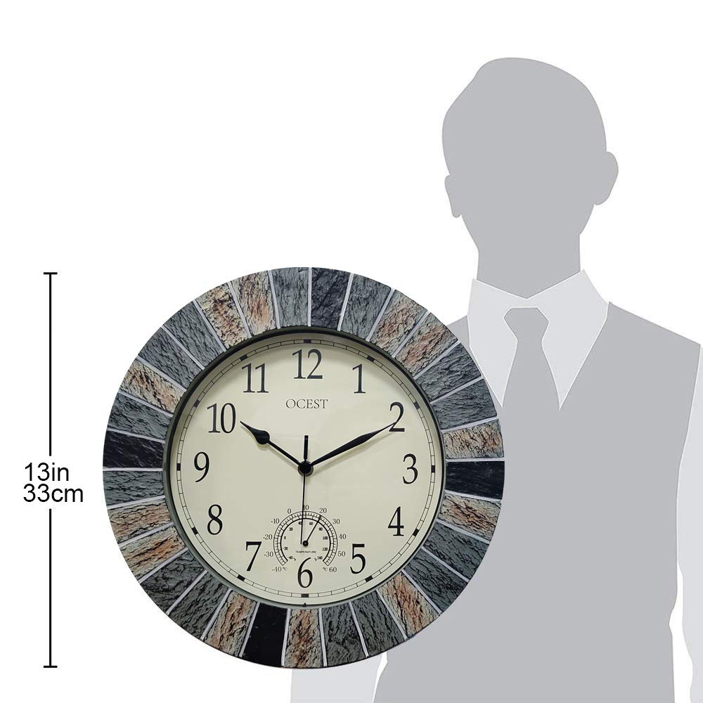 OCEST 13 Inch Large Outdoor Indoor Clock, Waterproof Wall Clock with Thermometer, Weather-Resistant Non-Ticking Battery Operated Decor for Patio, Pool, Lanai, Fence, Porch, Garden(Brown)