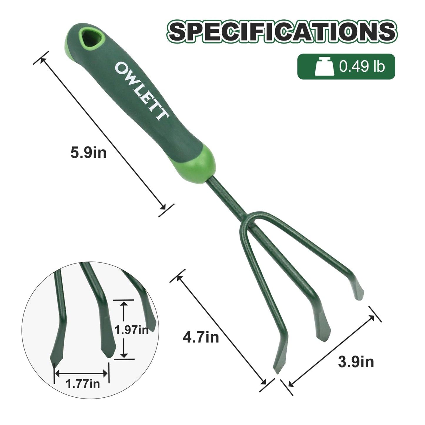 Owlett Garden Hand Rake, 3 Prong Hand Cultivator Garden Tool with Ergonomic Rubber Handle, Manual Small Hand Rake Soil Tiller for Digging, Aerating Soil, Weeding, Cultivating with Hanging Hole