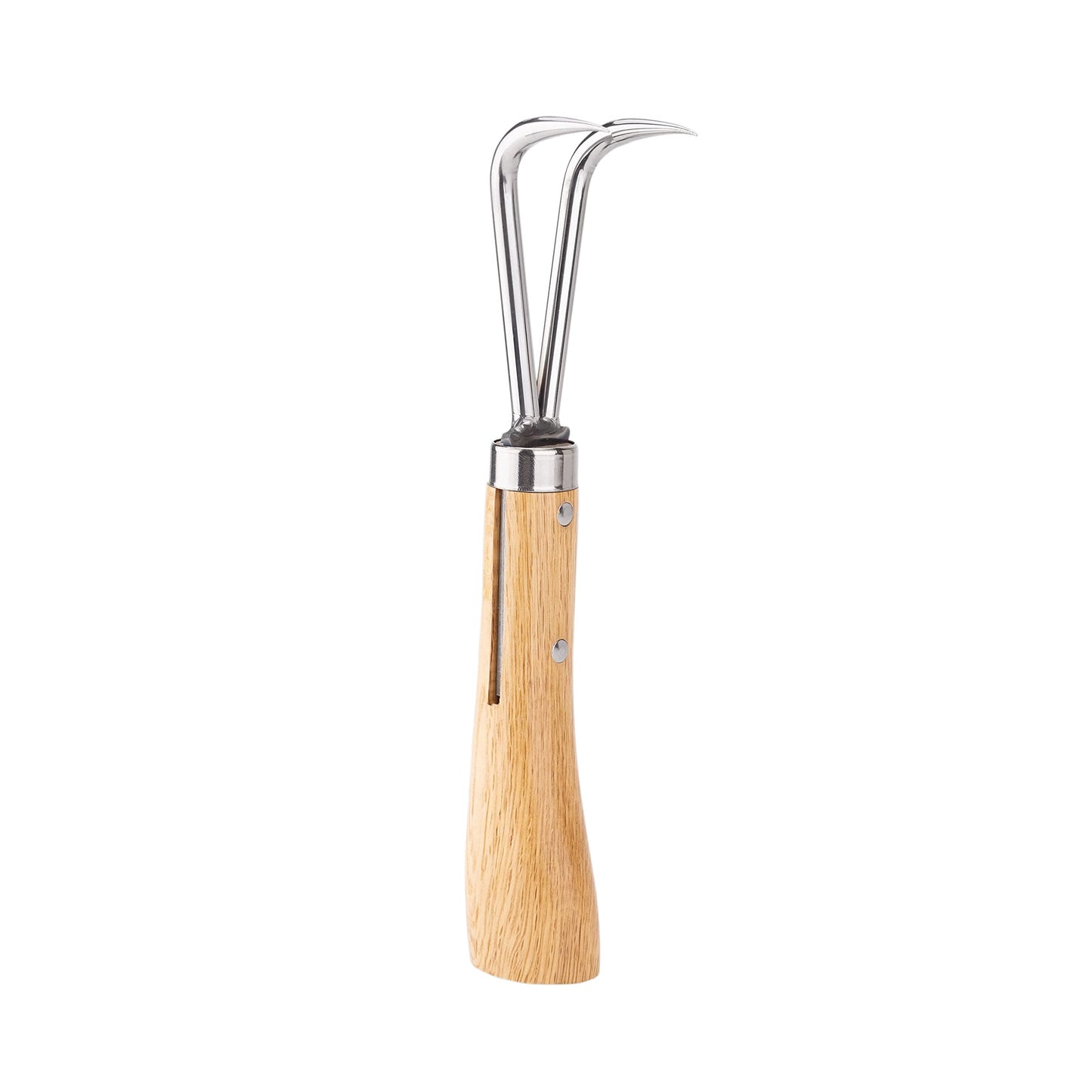 Nisaku NJP956 Nekaki Nihondume Handheld Double Claw Cultivator, Japanese Stainless Steel Tine Length 1.5-Inch, 5.5-Inch Polished Wood Handle
