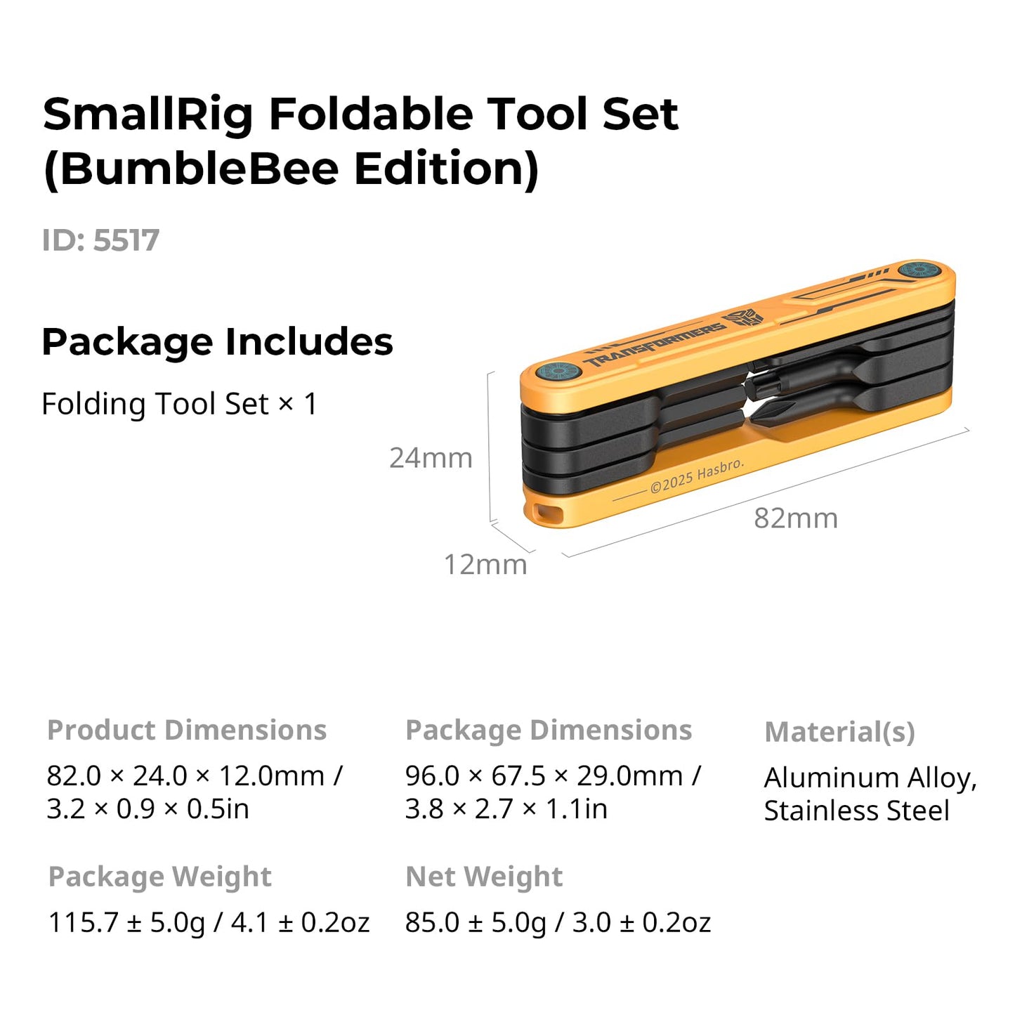 SMALLRIG Camera Tool, Foldable Tool Set with Screwdrivers and Wrenches, Camera Tool Kit Including Allen Wrenches, Slotted Screwdriver, Cross-Head Screwdriver, Torx T25 Driver, BumbleBee Edition