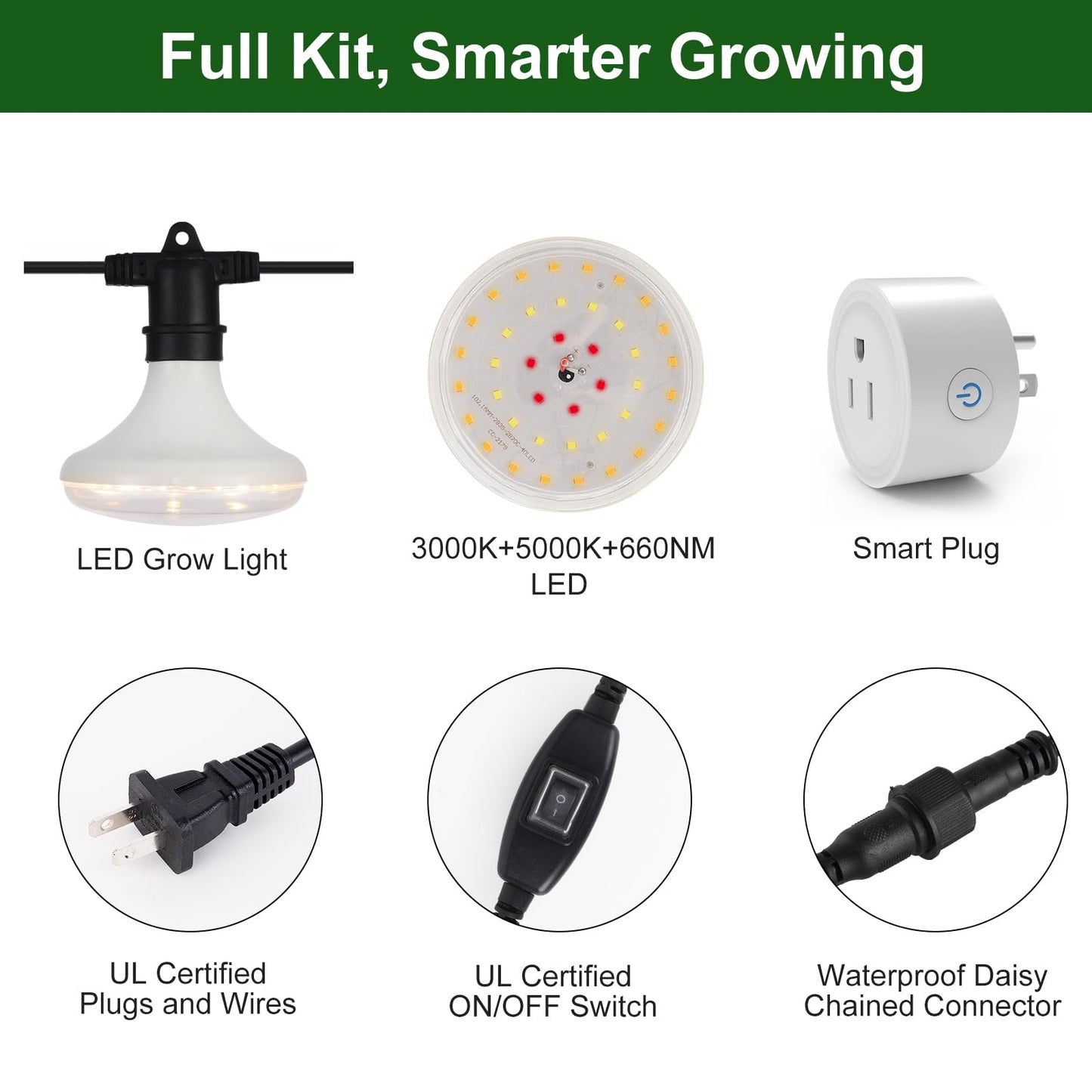 DingChen Outdoor Grow Lights Waterproof, Full Spectrum String Grow Light with 22FT Light String Cord for Seedling, Veg, Flower in Greenhouse, Garden, Backyard, Farm (6 Lights, with Smart Plug)