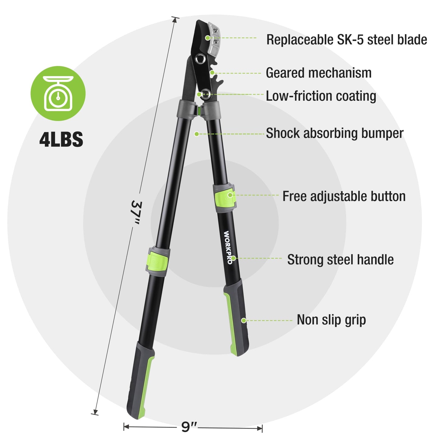 WORKPRO Extendable Anvil Lopper for Gardening, 25-37" Branch Cutter with 1.6" Cutting Capacity, Heavy-Duty Pruning Shear Featuring Gear System for Tree Trimming, Handheld Garden Shear with Sharp Blade