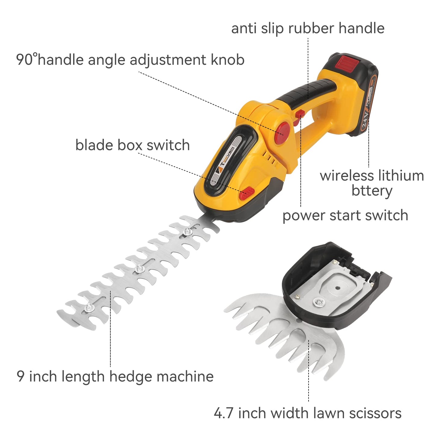 Hedge Trimmer Cordless, TOOVEM 2 in 1 Handheld Cordless Grass Shear with 2 Pcs Rechargeable Batterys and Charger, 24V Electric Weed Grass Cutter Shrubbery Trimmer for Garden, Lawn (Yellow)