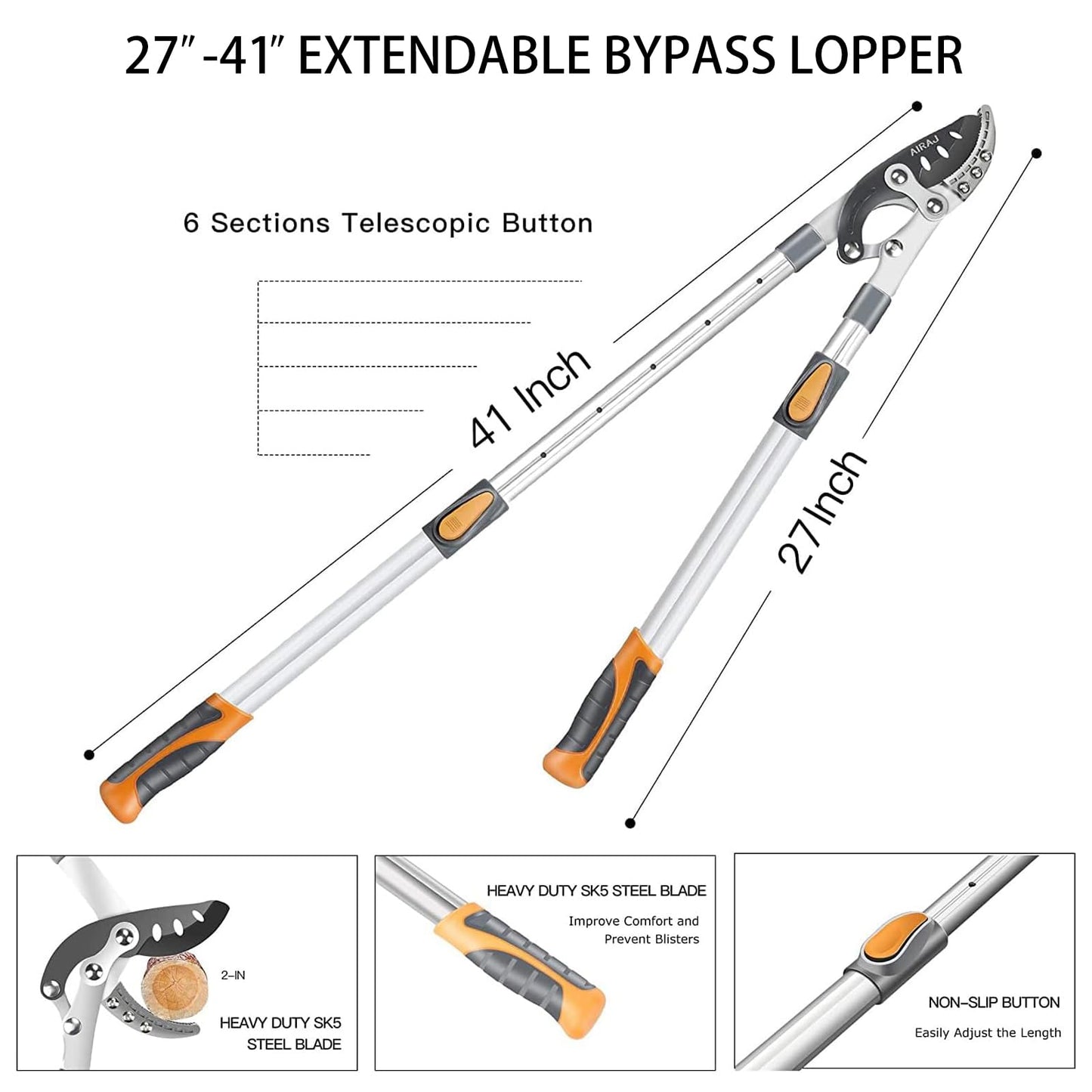 AIRAJ Telescoping Anvil Loppers, Heavy Duty Branch Cutter Tree Trimmer with SK5 Steel Spare Blade, 27-41''Adjustable Aluminum Handle, Labor-Saving Garden Tools for Cutting Thick Branches Up to 2 Inch
