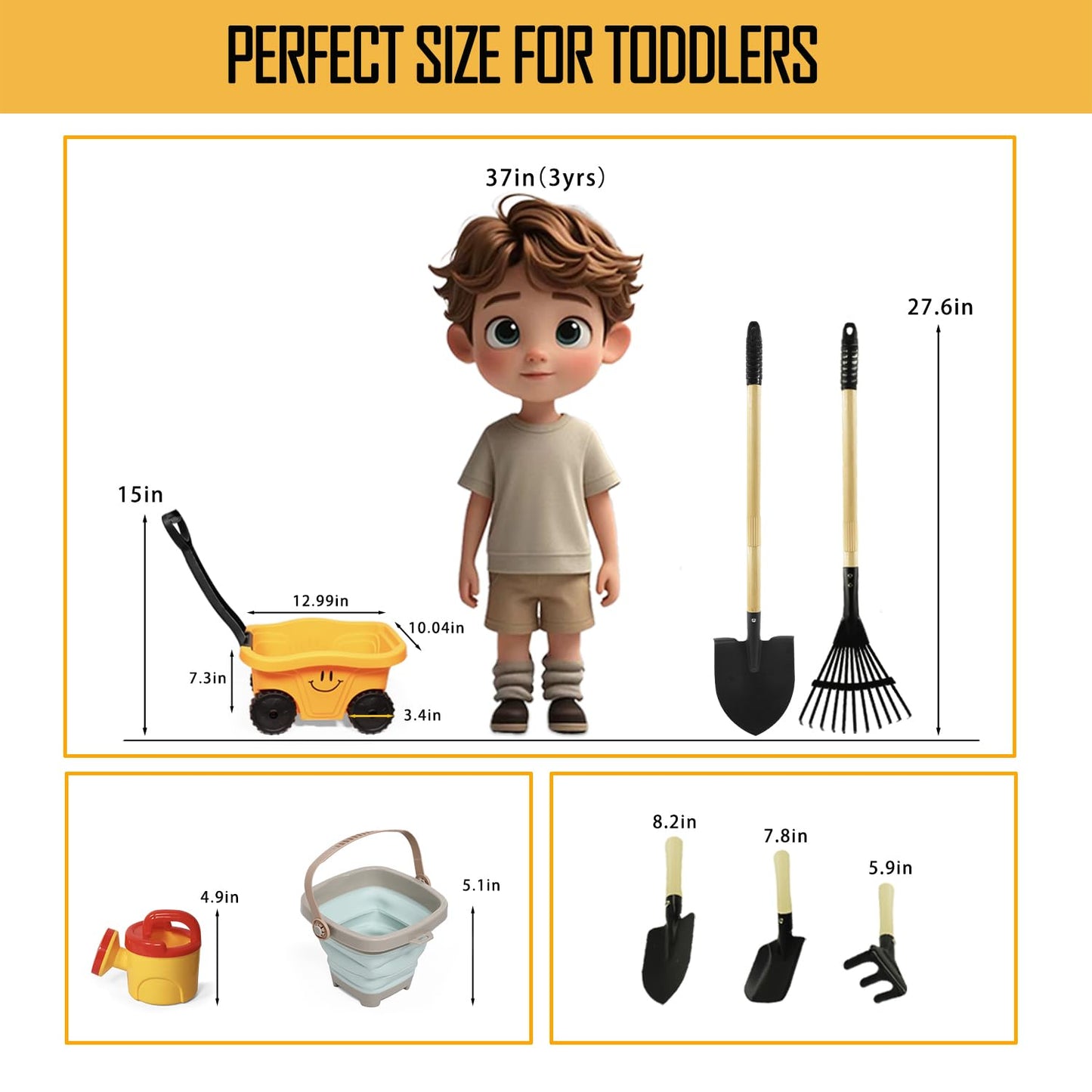 CHEERBANK Toddlers Rake & Shovel Set with Wheelbarrow, Kids Yard Tools for Digging, Gardening, Beach, Sandbox, Lawn, Camping, Summer Outdoor Garden Toys Gifts for Children Age 2-5 Years Old