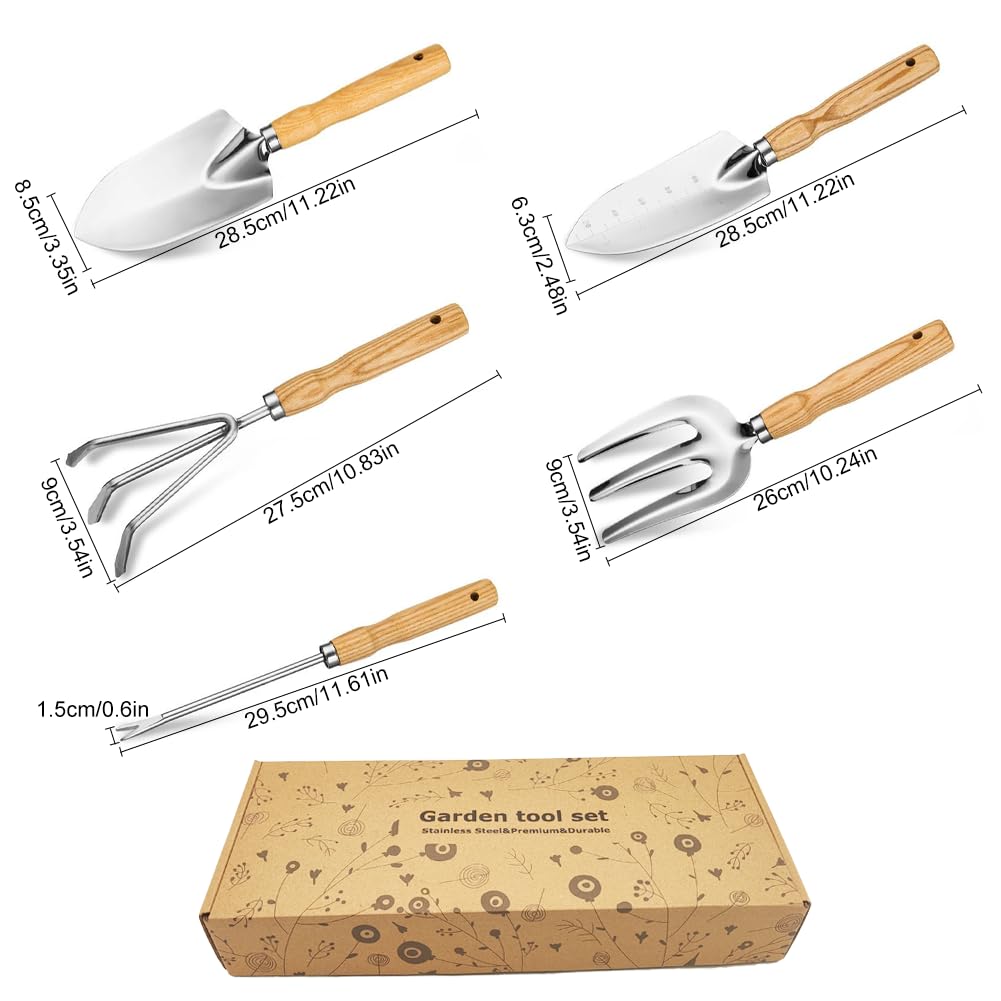 Garden Tool Set, 5 Piece Stainless Steel Gardening Hand Tools Including Graduation Shovel, Hand Rake, Transplanter, Trowel, Hand Cultivator