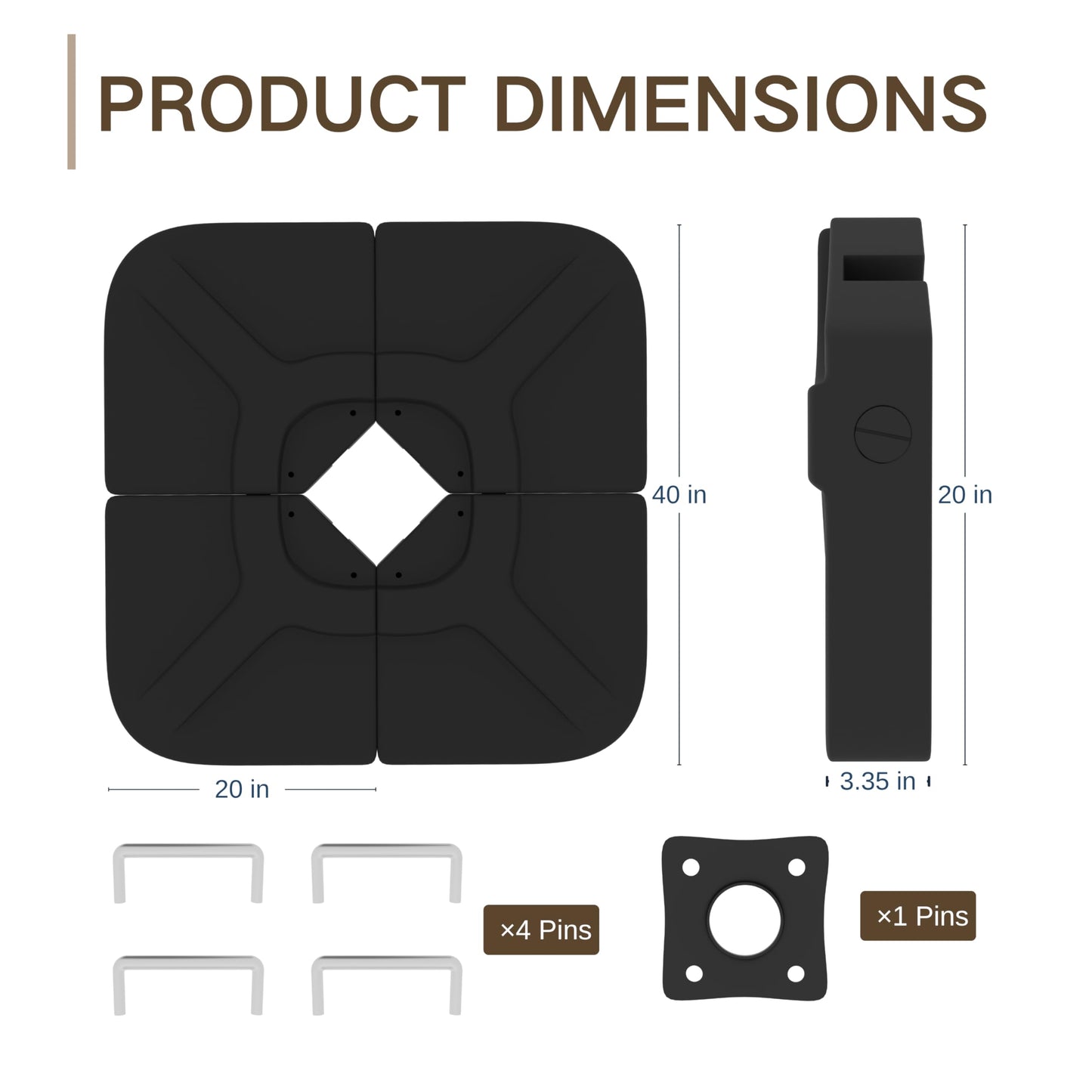 Kingdura 4-Piece 230LBS Cantilever Offset Patio Umbrella Base, Heavy Duty Weights Square Stand Base Water or Sand Refillable Plate Set with 4 Lock Pins for Garden Backyard Poolside, Black