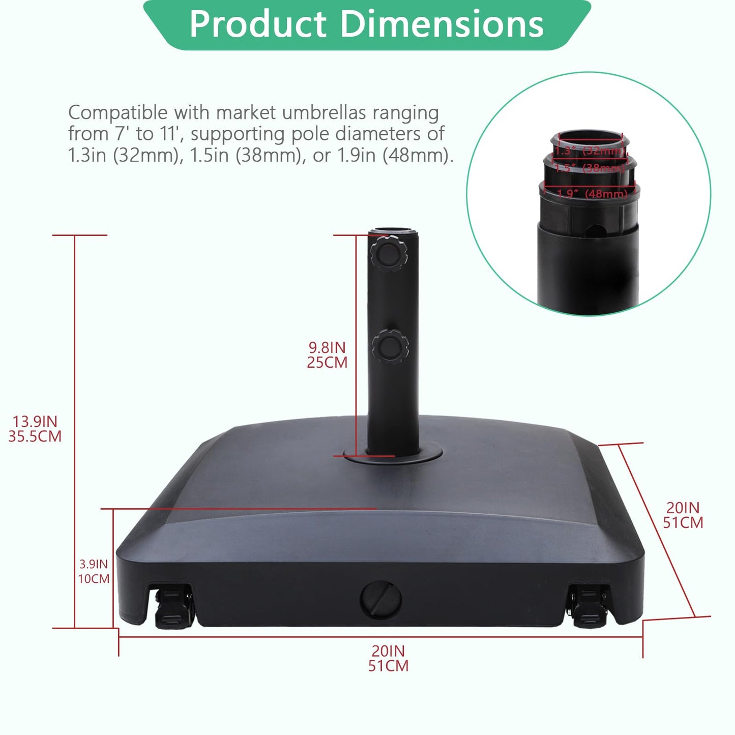 Helios&Hestia 99 lb Heavy Duty Square Umbrella Base with Rolling Wheels, Plastic Water and Sand Fillable Outdoor Stand Weight for Patio Market Table Umbrella, Black