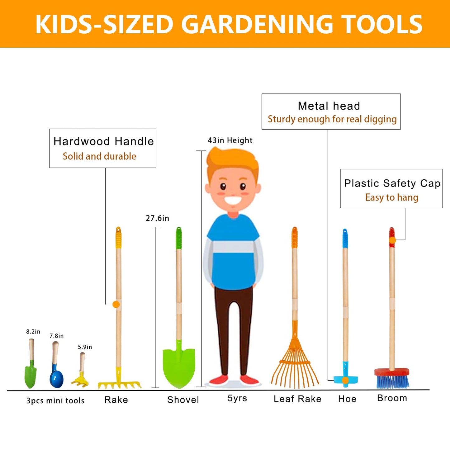 POMIKU Toddler Gardening Tools, Kids Rake and Shovel Set for Digging Dirt, Children Broom for Outdoor Yard Garden Camping, Montessori Toys for Ages 3 4 5 6 7 8 Years Old (8PCS)