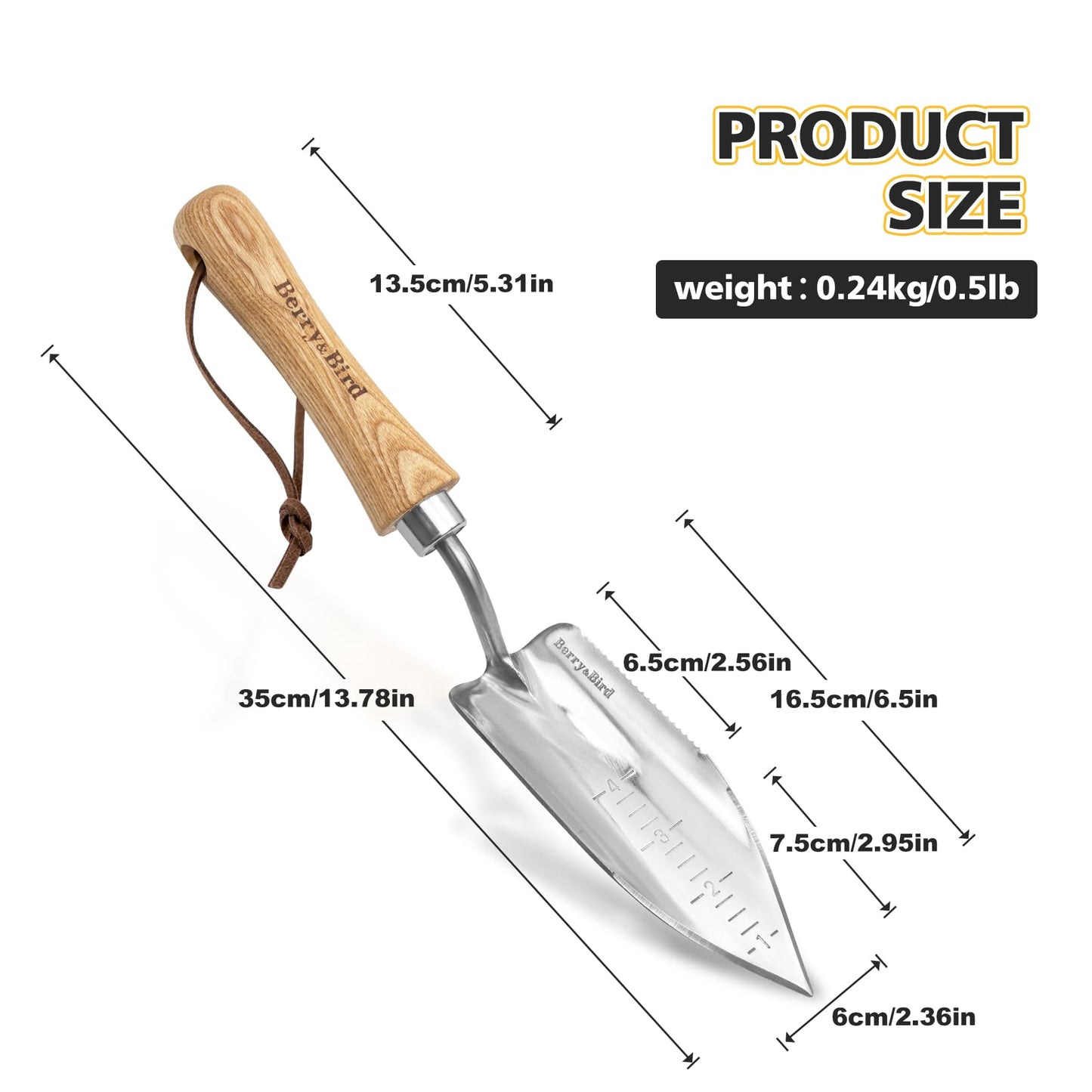Berry&Bird Potting Trowel, Stainless Steel Serrated Hand Shovel, Wood Handle Garden Trowel Tool with Measuring Scale for Effortless Digging,Roots,Planting, Cutting and Transplanting
