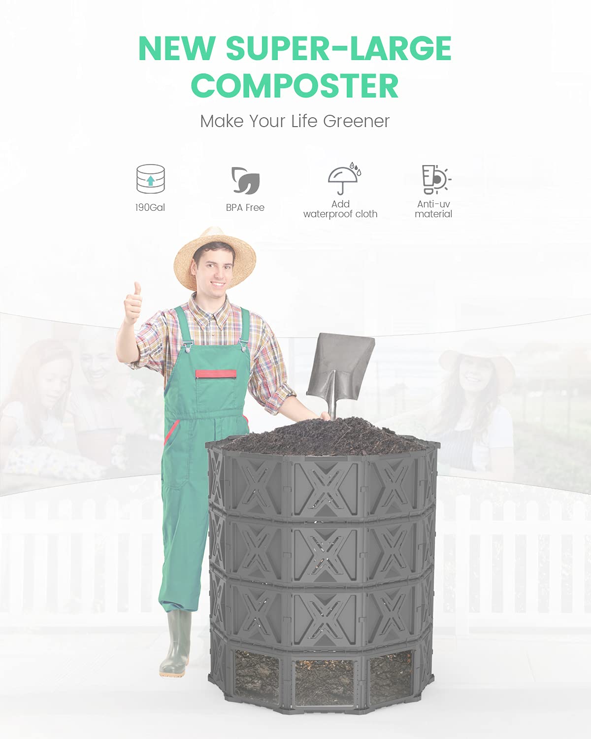 EJWOX 190 Gallon Large Outdoor Compost Bin, 720L Garden Composter with Aeration Vents, BPA-Free PP Panels, Modular Structure with Bottom Access Door and Lid