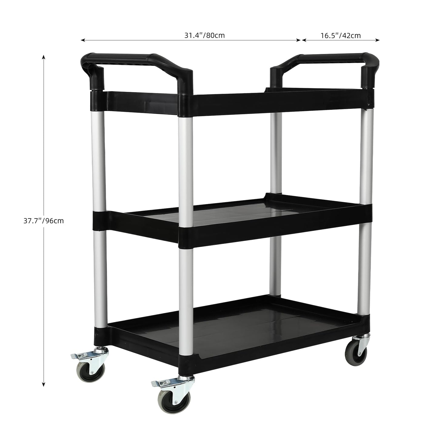 3-Tier Utility Rolling Cart with Wheels, Durable Catering carts with Wheels, Rolling Storage Cart for Hotel Canteen Resturant Office (Black, 31.4" D x 16.5" W x 37.7" H)