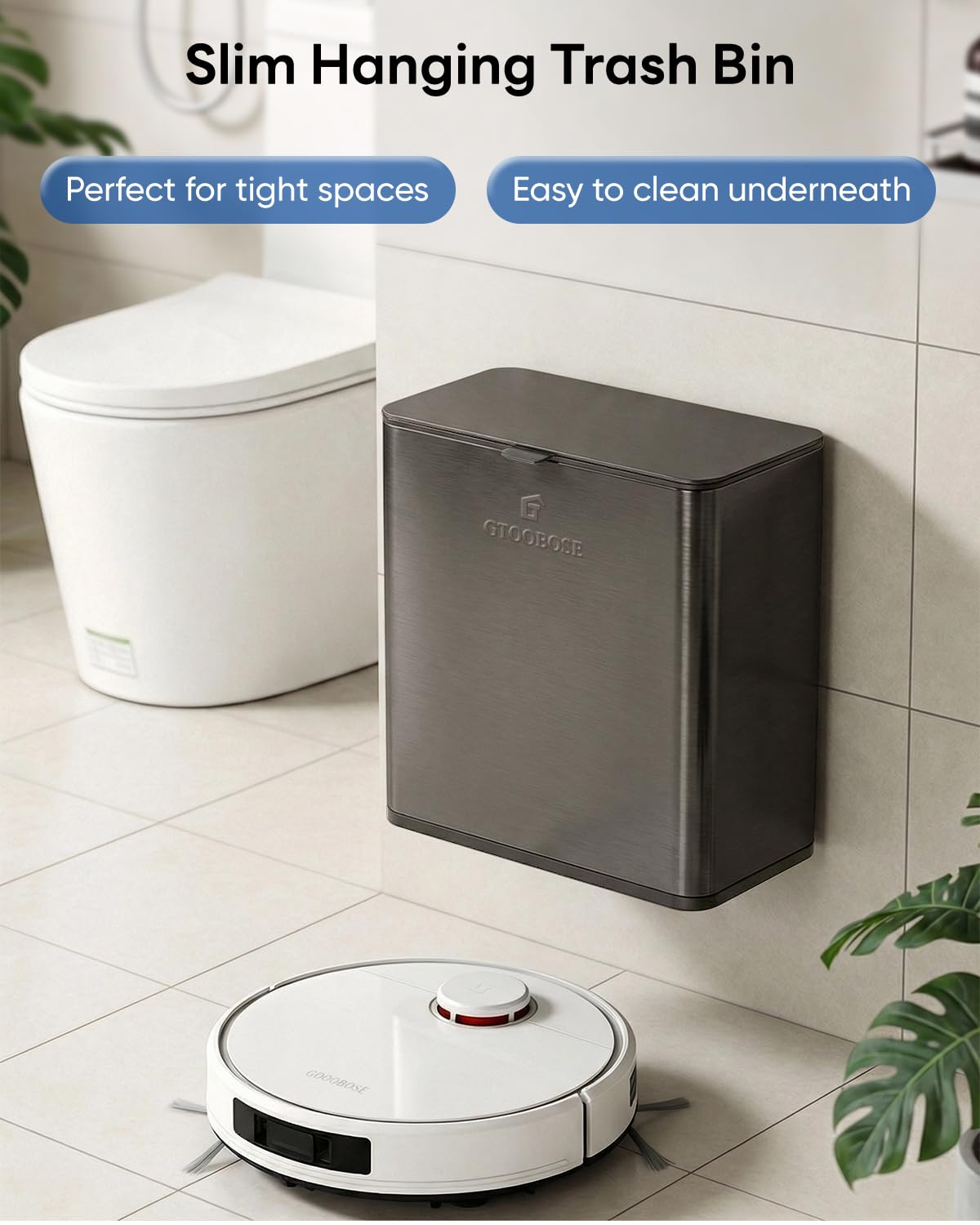 GTOOBOSE Kitchen Compost Bin, 10L/2.6G Trash Can with Lid, Slim Stainless Steel Hanging Garbage Bin for Kitchen, Bathroom, Bedroom, Office, Wall Mounted Compost Bin with Inner Bucket,Titanium Grey
