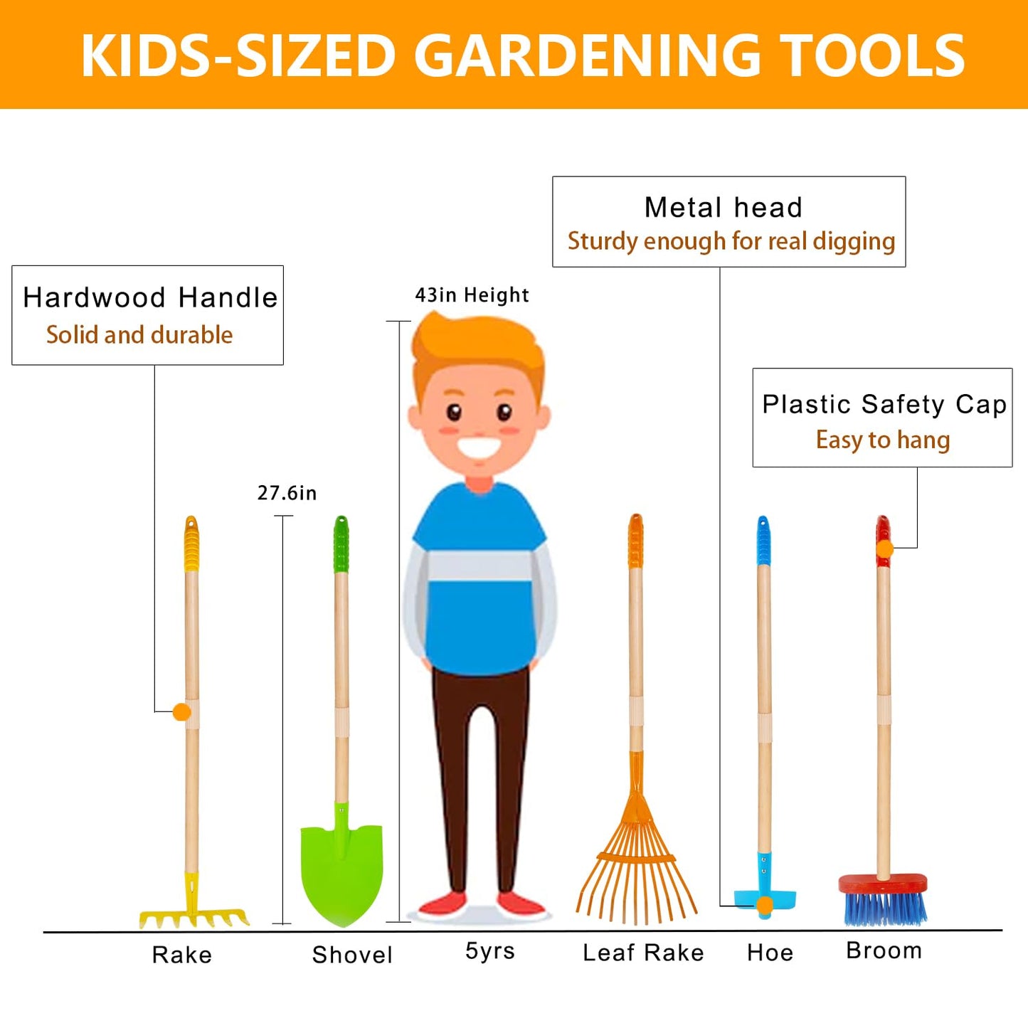 POMIKU Kids Shovel, Rake for Leaves, Spade, Hoe and Broom, 5Pcs Kids Garden Tools, Gardening Yard Outdoor Toy Gifts for Boys Girls Age 3 4 5 6 7 8 Years Old