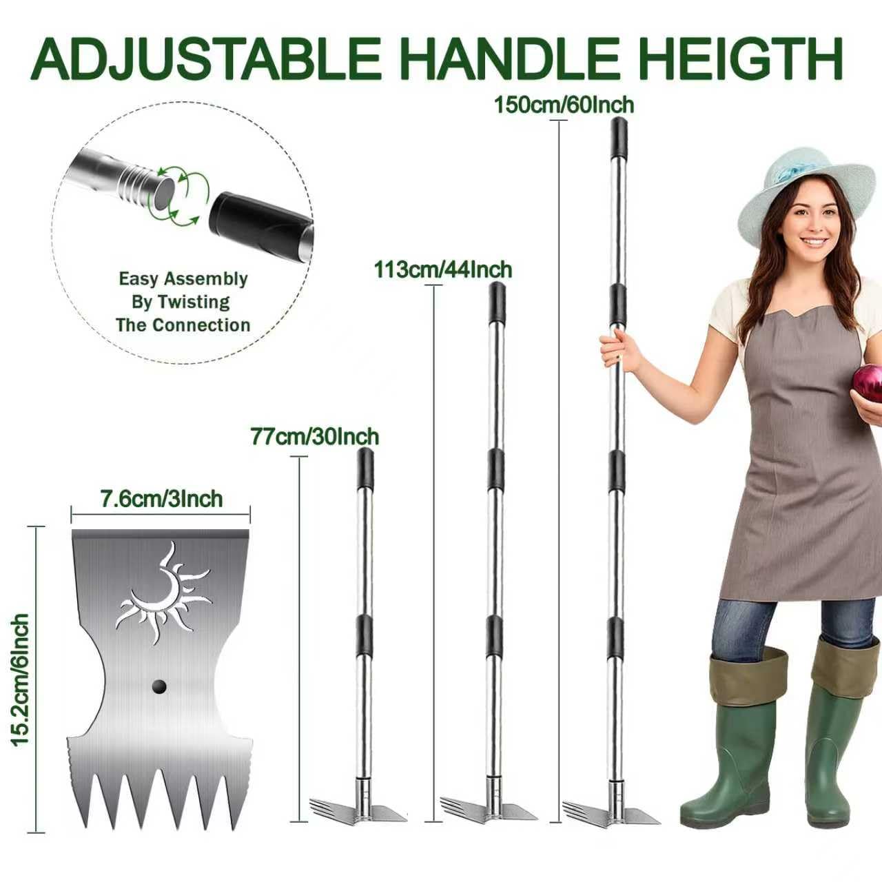Weed Puller Tool with Long Handle, 60inch Manual Weed Puller Tool,2 in 1 Hand Weed Rake,Heavy Duty Garden Hoe,Uprooting Weeder Remover for Garden (Chrome(Stainless Steel), 60" Long Handle)