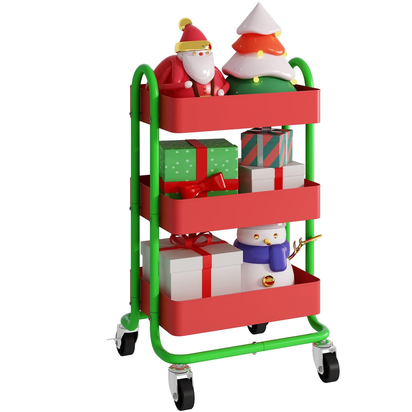 Elitehouse Metal Rolling Cart,3-Tier Metal Rolling Cart with Wheels,3 Tier Utility Cart with Wheels for Office,Home,Kitchen,Garden๏ผ13.4"x18.1"x31"๏ผ Red+Green