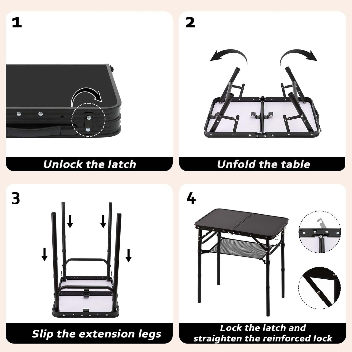 YihuiKo Folding Picnic Table with Storage Net, Matte Black Aluminum Folding Table 23.6" x 15.8", Adjustable Height Max 27.5", Lightweight Portable for Camping Travel Grill Indoor