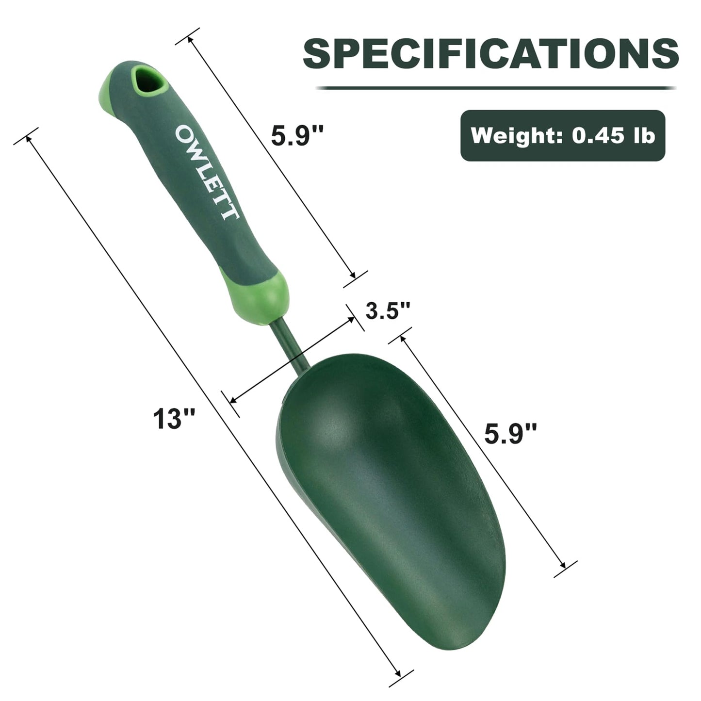 Owlett Garden Scoop, 13" Soil Scoop with Ergonomic Rubber Handle, Carbon Steel Potting Shovel Big Volume Gardening Spoon for Transplanting, Digging, Cultivation, Composting, Planting
