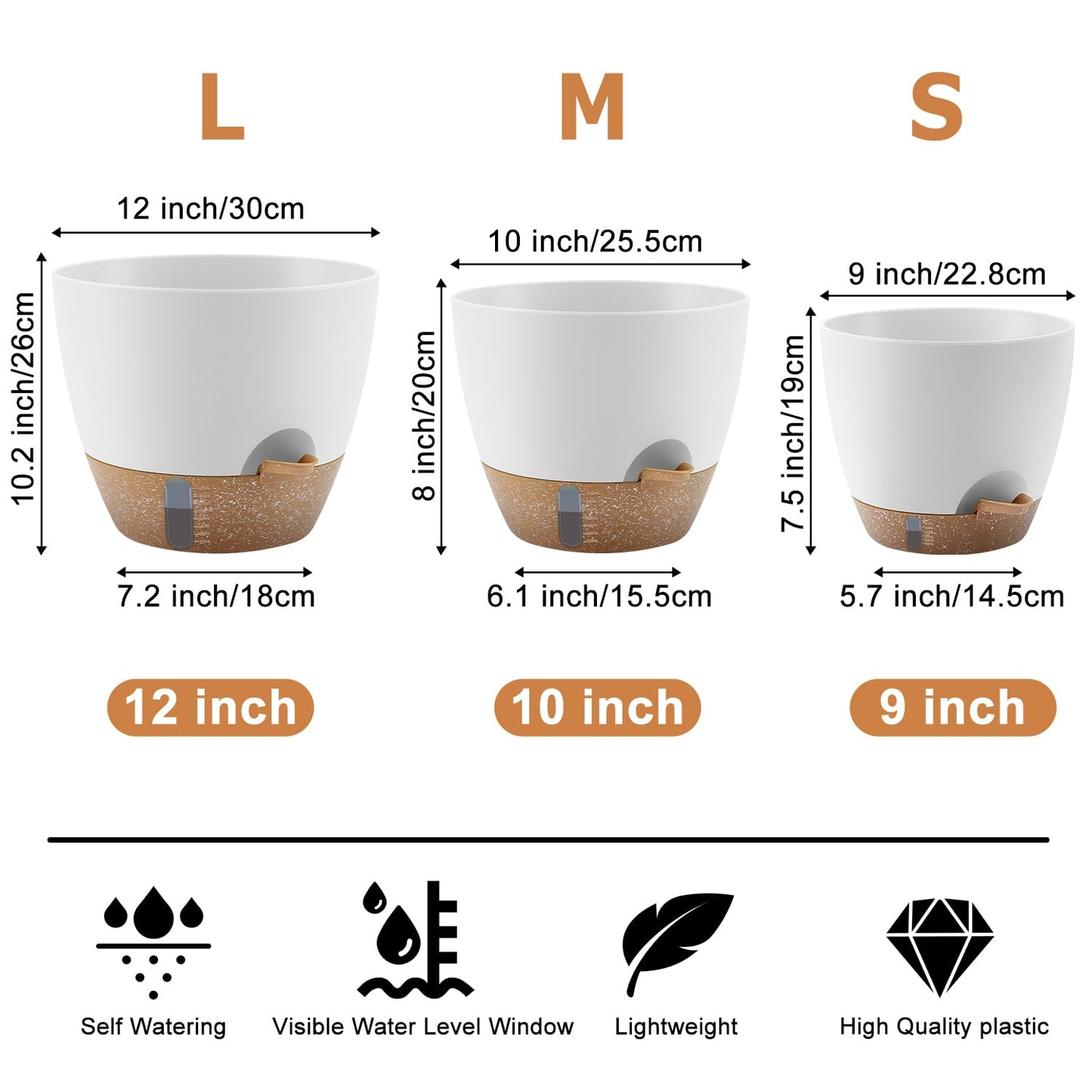 QRRICA Self-Watering Plant Pots with Water Level Indicator, Drainage Holes & Saucers â 12/10/9 Inch Large Plastic Planter Set for Indoor & Outdoor Plants (White)