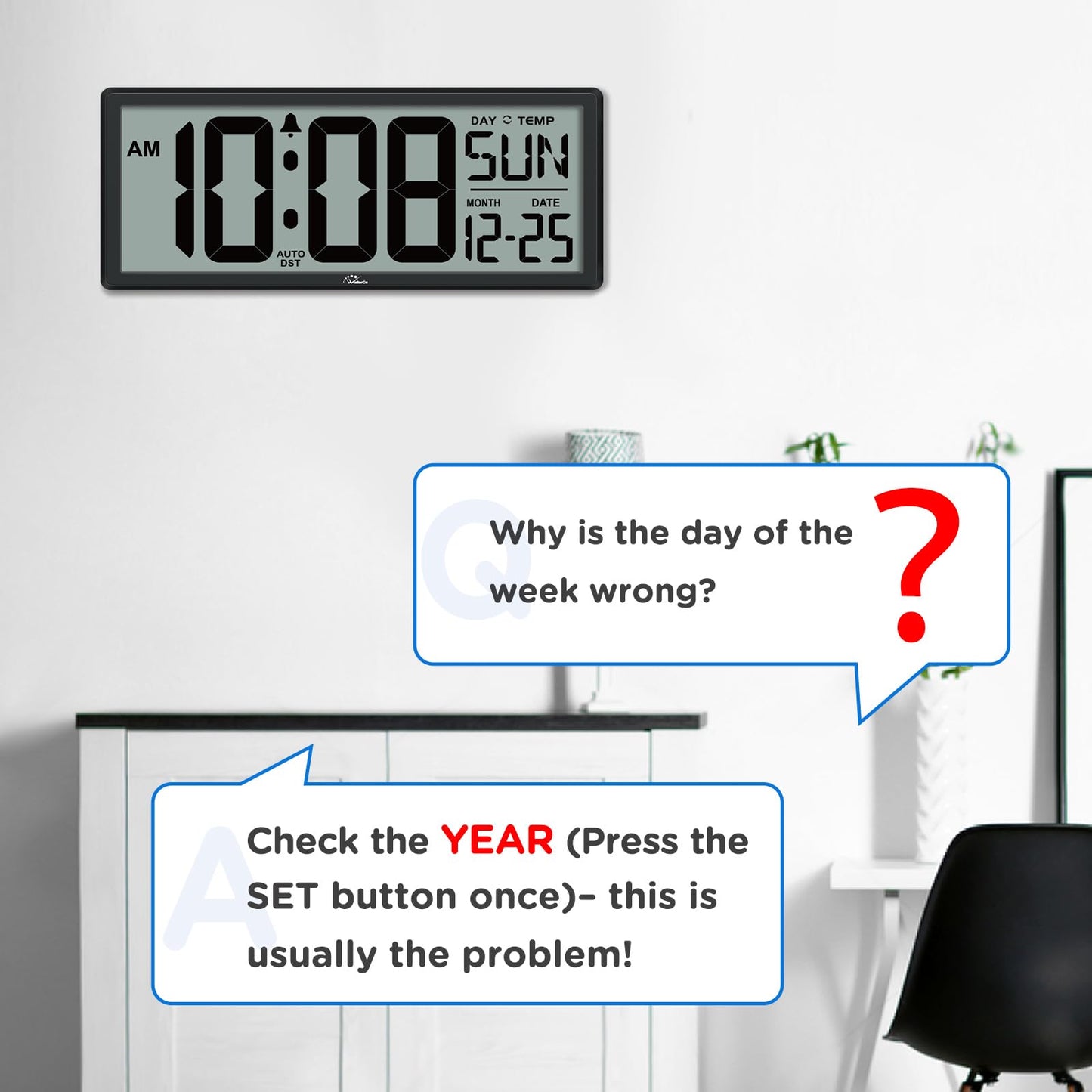 WallarGe Backlight Digital Wall Clock Battery Operated - with Temperature and Date 14.5'' Large Digital Wall Clock, Easy to Read and Set, Auto DST