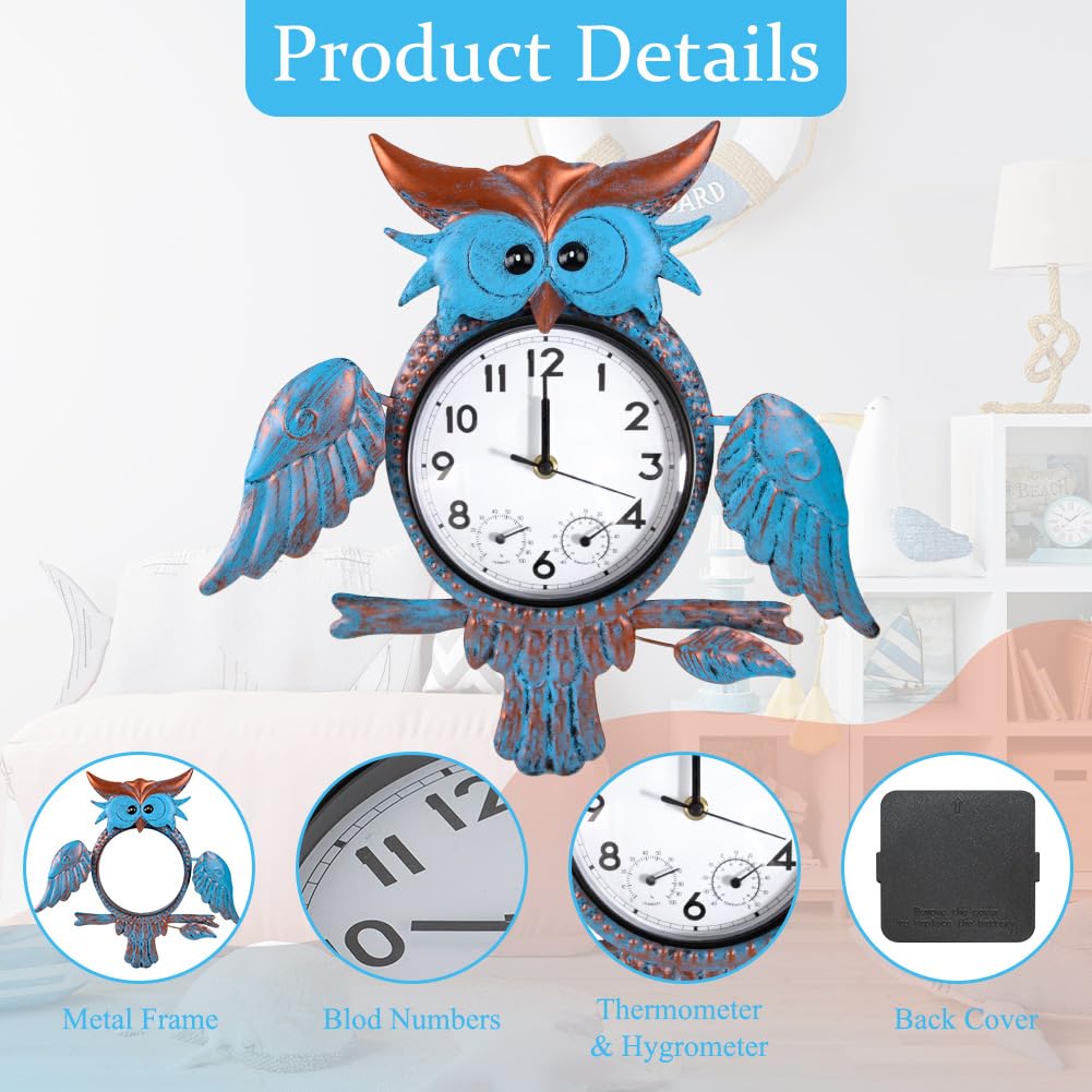 HOBYLUBY Outdoor Clock Silent Non-Ticking, Outdoor Wall Clocks with Thermometer & Humidity, Quartz Clocks Waterproof Decor for Patio Garden Living Room(Blue Owl)