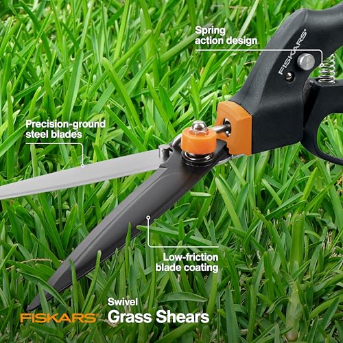 Fiskars Garden Swivel Grass Shears, Rotating Blades for Precise Lawn Edging, Spring-Action Handle, 5", Black/Orange