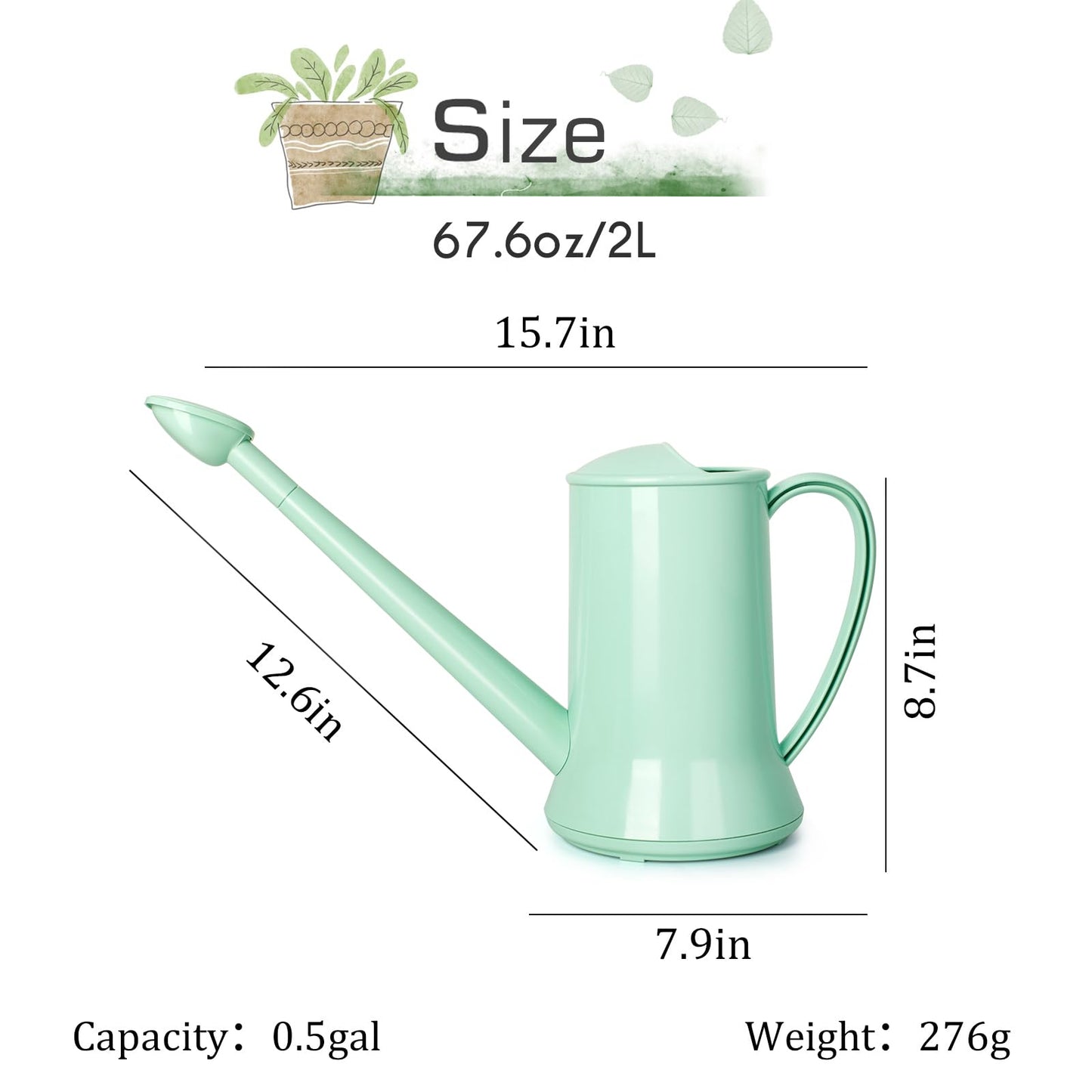 XXXFLOWER 1/2 Gallon Small Indoor Plant Watering Can, 2L Long Spout Removable Nozzle Flower Watering Pot for Office House Indoor Garden(Green, 67 oz)