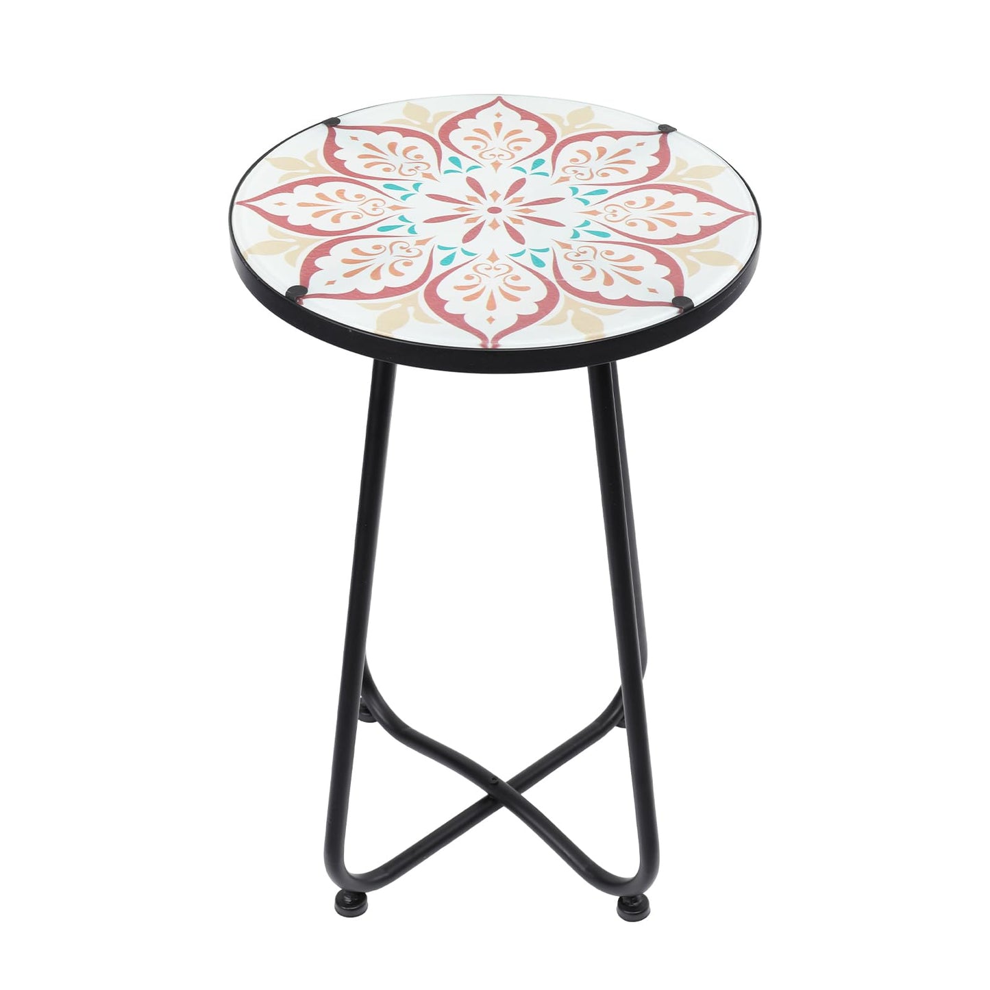 VCUTEKA Patio Side Table Outdoor Accent Table Bistro Coffee Table Plant End Table Small Porch Table Indoor Round Glass Balcony Plant Table Stands Khaki Flower 12 inches