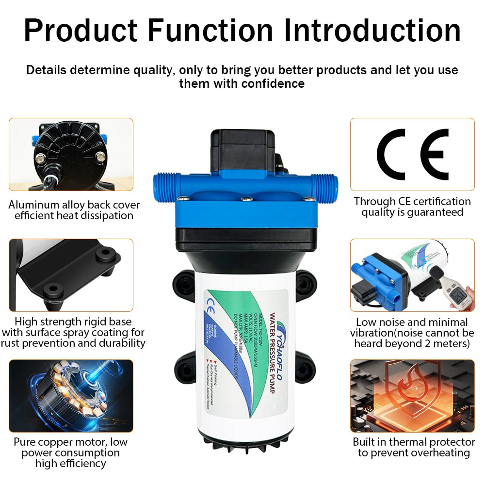 110V AC electric high-pressure self-priming diaphragm pump, Equipped with pressure switch,5.5GPM, 70Psi, for RV Marine Yacht Lawn Garden