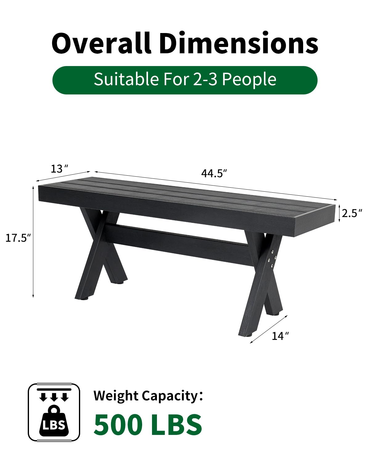 Kibaso HIPS Outdoor Bench, X-Shaped Modern Backless Garden Bench for 2 Person, All Weather Patio Bench with Wood Grain Texture, Easy Assembly for Garden, Porch, Backyard & Park-Wood-Grain Black