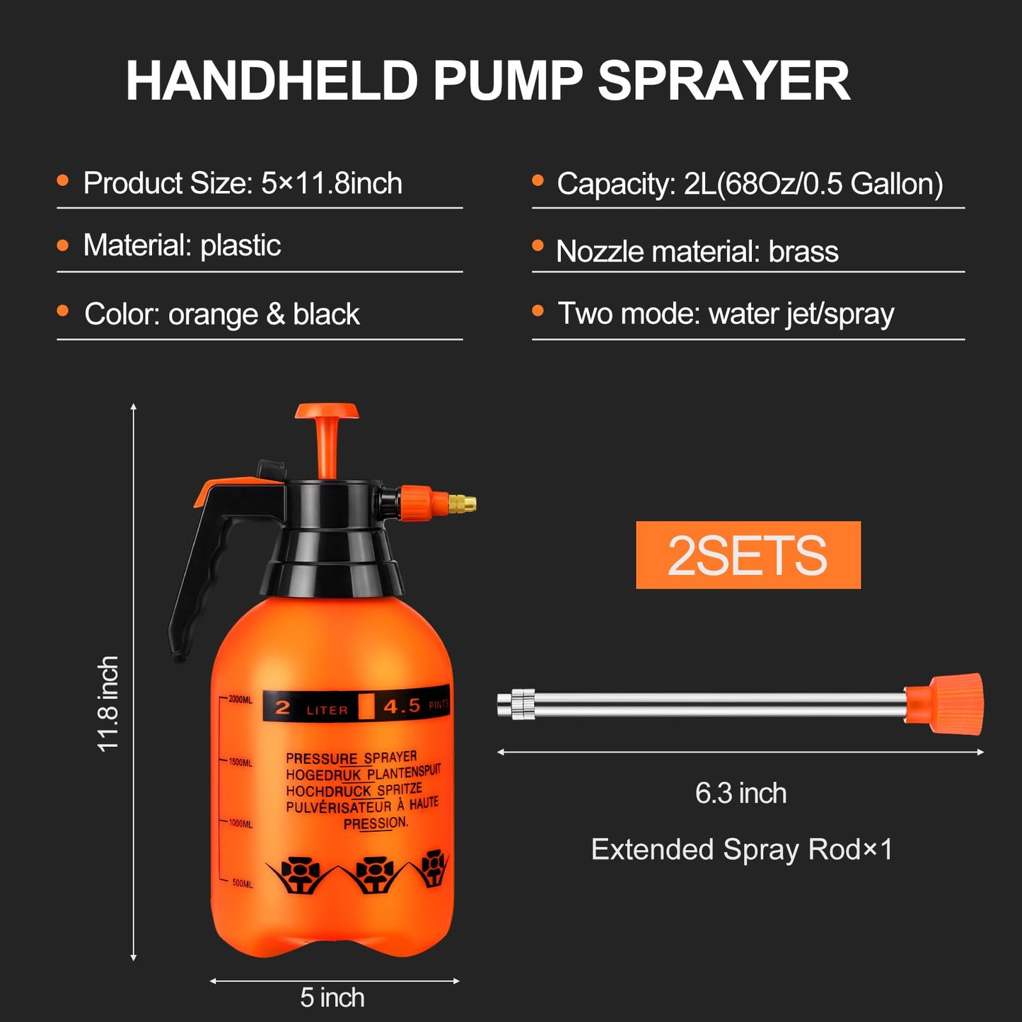 Acellegic 2 Set Handheld Pump Sprayer Pump Spray Bottle Garden Sprayer Plant Mister Water Spray Bottle with Adjustable Nozzle Extended Rod for Spraying Watering Fertilizing Cleaning(2L,Orange)