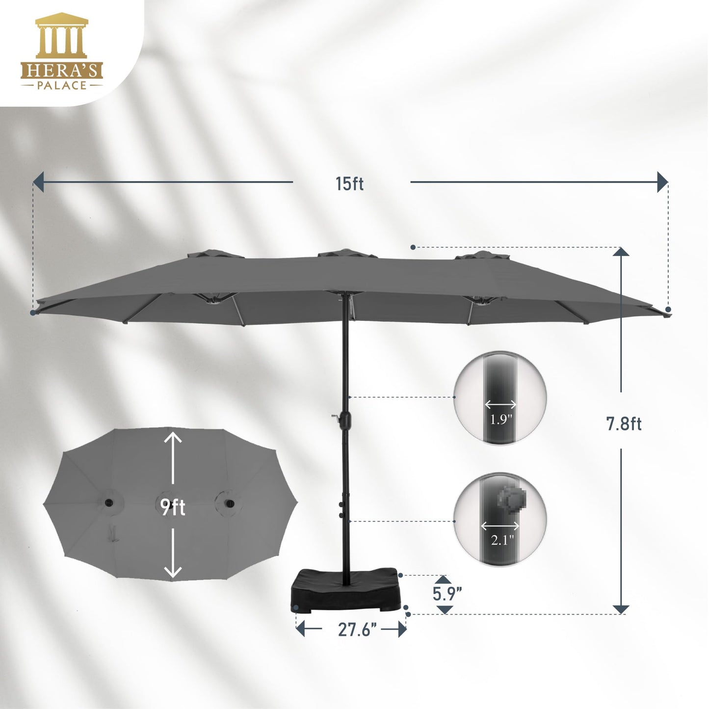 HERA'S PALACE Umbrella Patio Outdoor with Base 15ft Rectangle Table Double Market Heavy Duty Umbrellas Clearance Large Included Stand for Deck Outside Pool Picnic Inground Yard Commercial, Gray