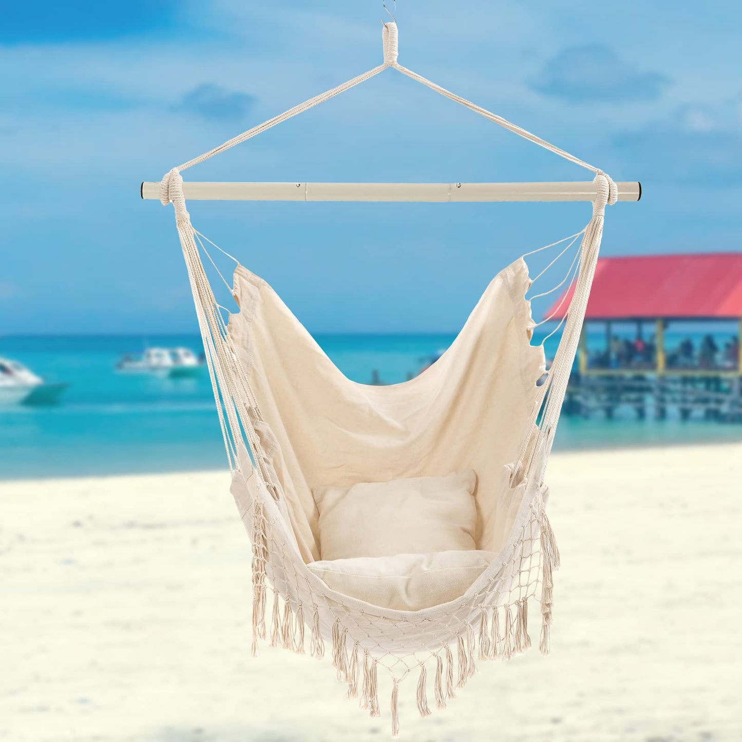 Hammock Chair, Hanging Rope Swing Seat with 2 Cushions,Macrame Hanging Chair Side Pocket with High Load-Bearing Metal Rod,for Indoor, Outdoor, Extra Comfortable