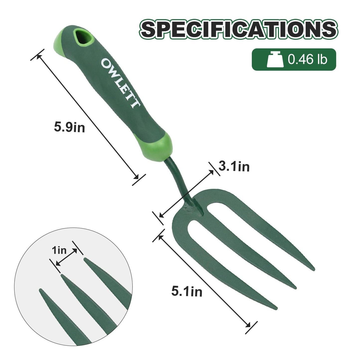 Owlett Garden Hand Fork, Carbon Steel Weeder Fork with Rubber Ergonomic Handle, Rust Resistant Small Garden Fork for Uprooting Weed, Digging, Planting, Loosening Soil, Cultivating