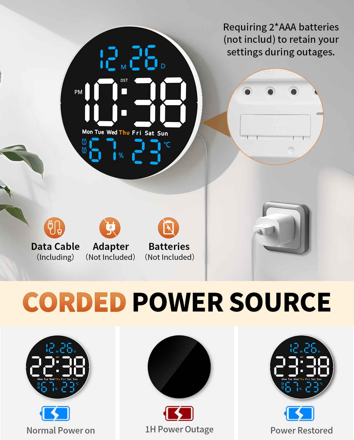 GLOKUUCA 10 Inch Large Digital Wall Clock with 9 Color Changing Remote Control, Date Week Temperature, Auto Brightness Dimmer Big Clock with Night Lights,Blue