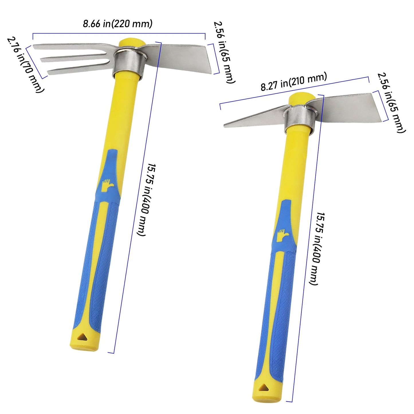 ZEONHEI 2 PCS Garden Hoe Tools, Stainless Steel Cultivator Hand Tiller and Hand Pick Axe with Fiberglass Handle, Pick Mattock Hoe for Planting Digging Weeding Gardening