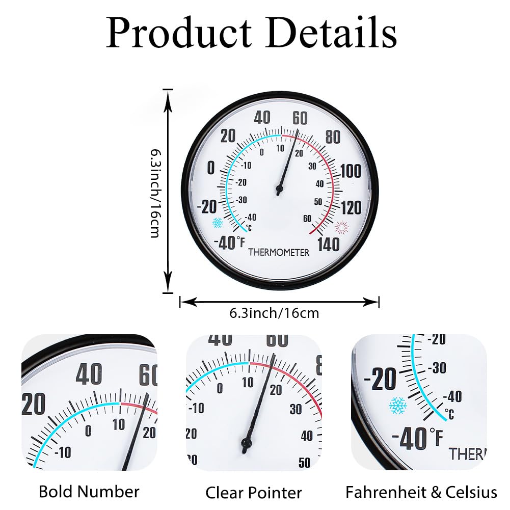 HOBYLUBY 6.3'' Indoor Outdoor Thermometer, Outdoor Wall Thermometer No Battery Needed, Waterproof Outdoor Thermometers for Patio, Garden, Home